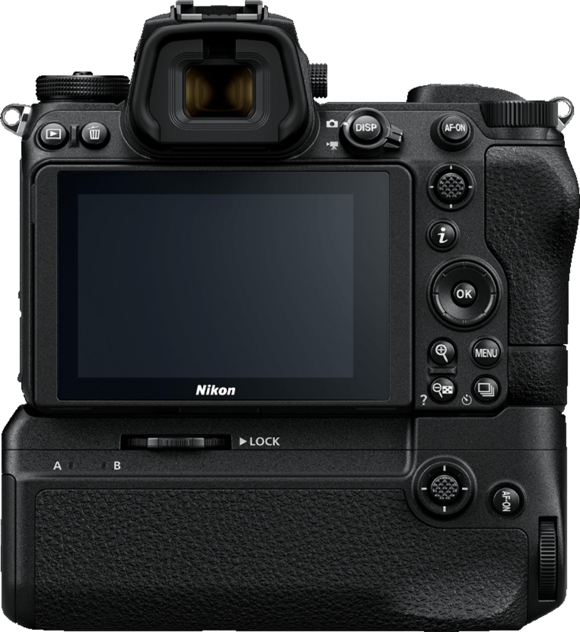 Rückseite einer schwarzen Nikon Kamera mit LCD-Bildschirm und Griff.