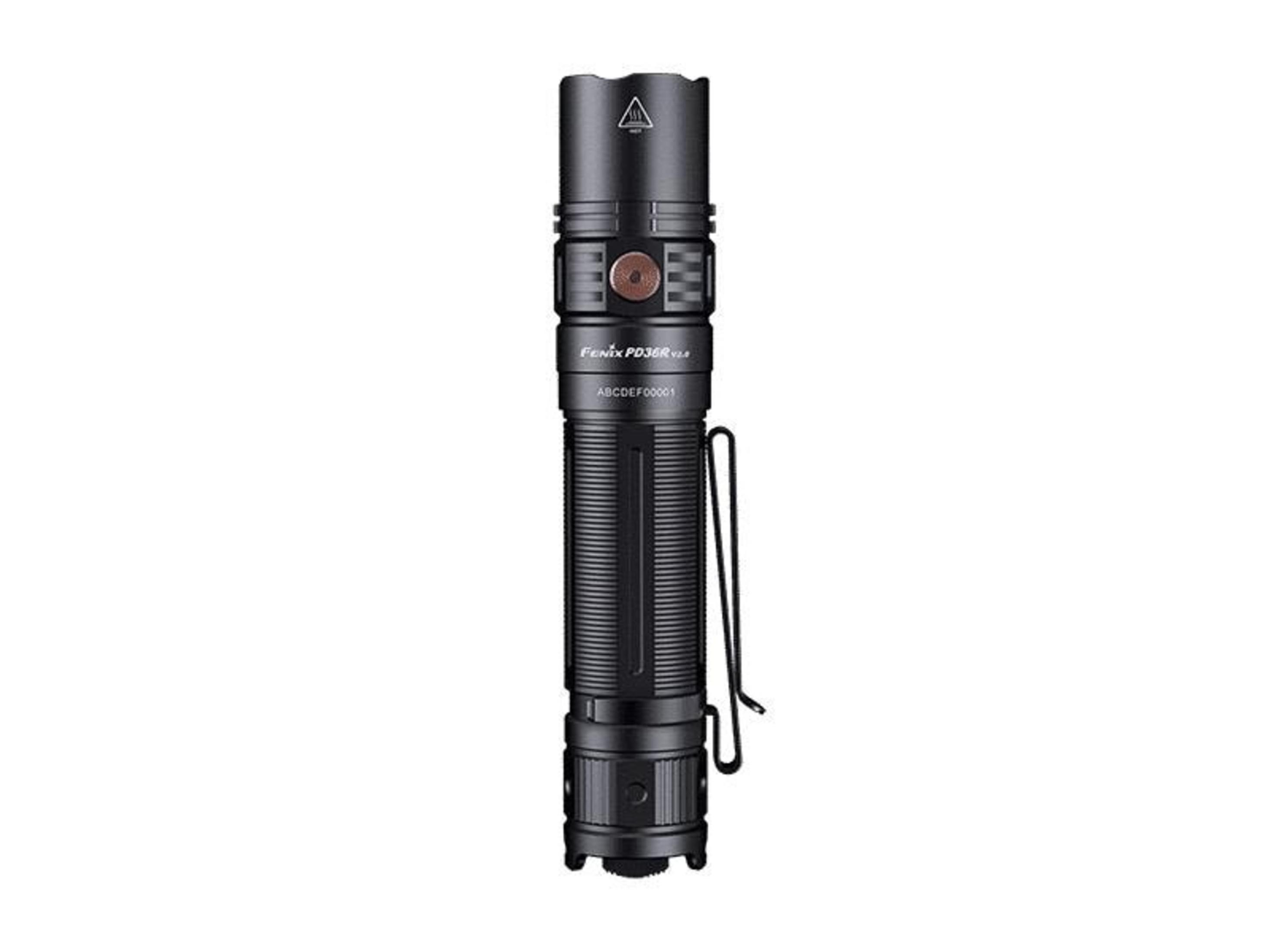 Eine schwarze Fenix PD36R V2.0 Taschenlampe mit Clip, auf weißem Hintergrund.