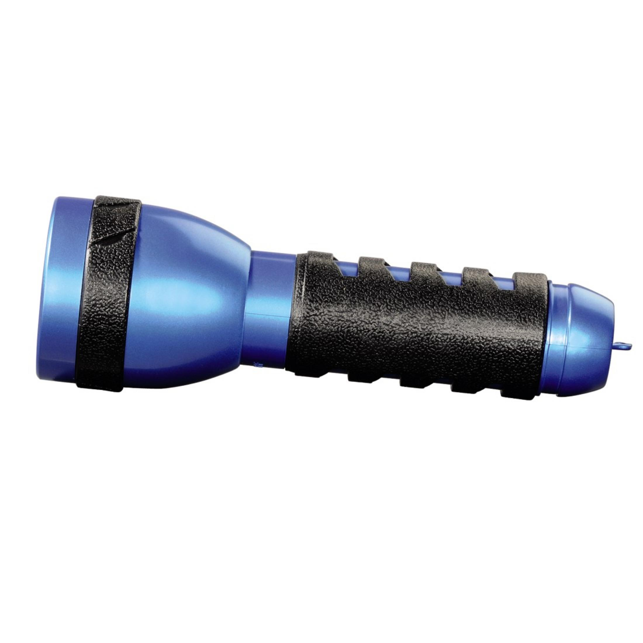 Niebieska latarka z teksturowanym czarnym uchwytem i paskami.