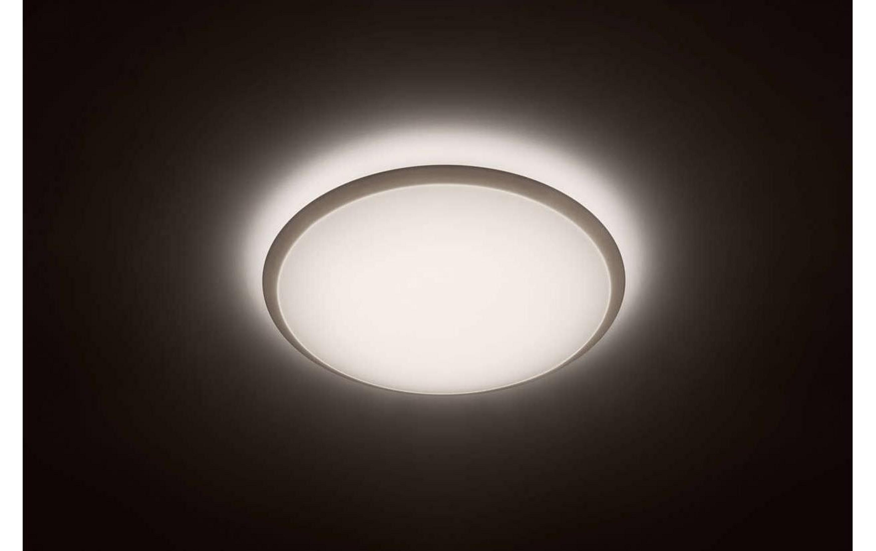 Una lampada da soffitto rotonda emette luce diffusa, illuminando uno sfondo grigio scuro.