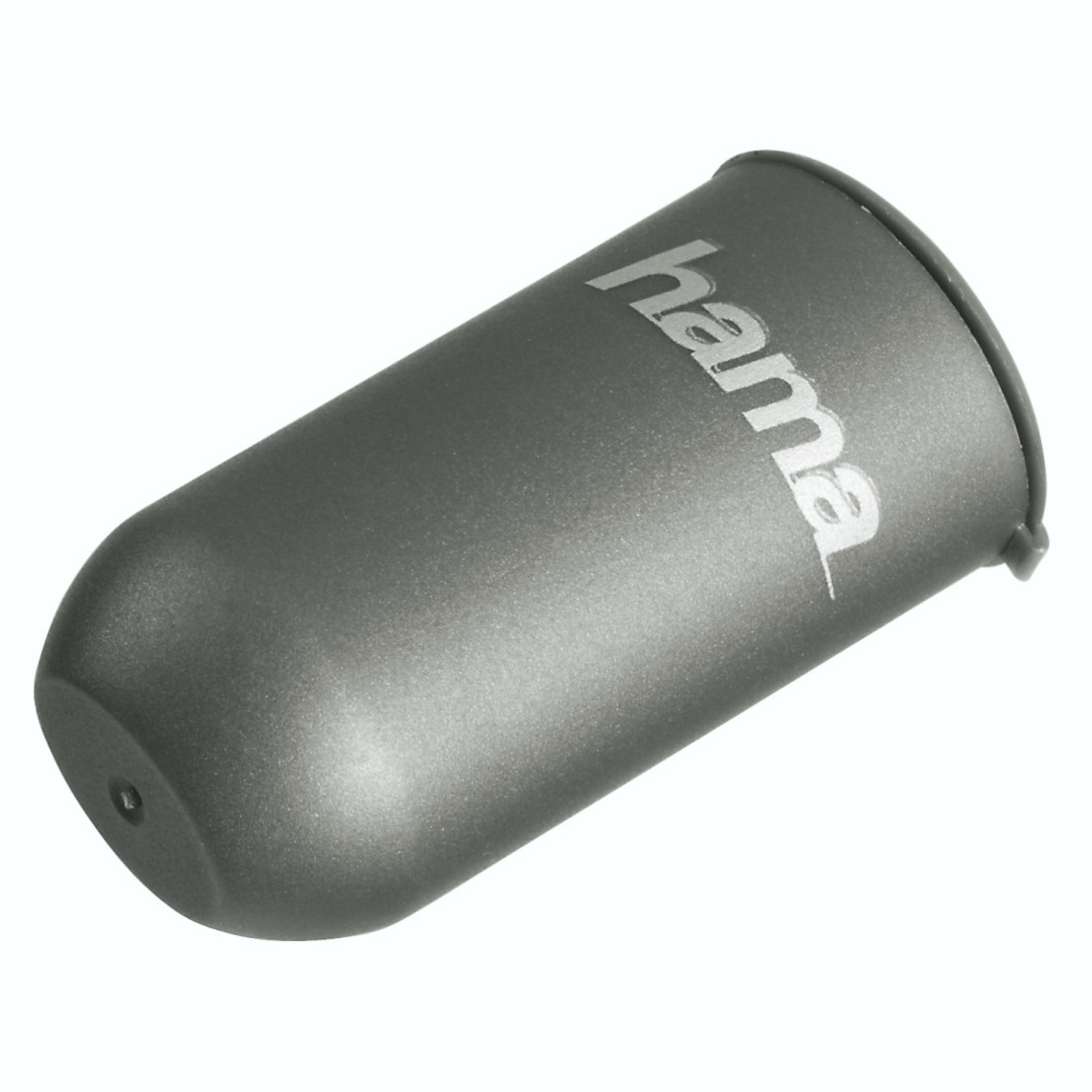 Szara osłona obiektywu Hama, stożkowa, z widocznym logo.