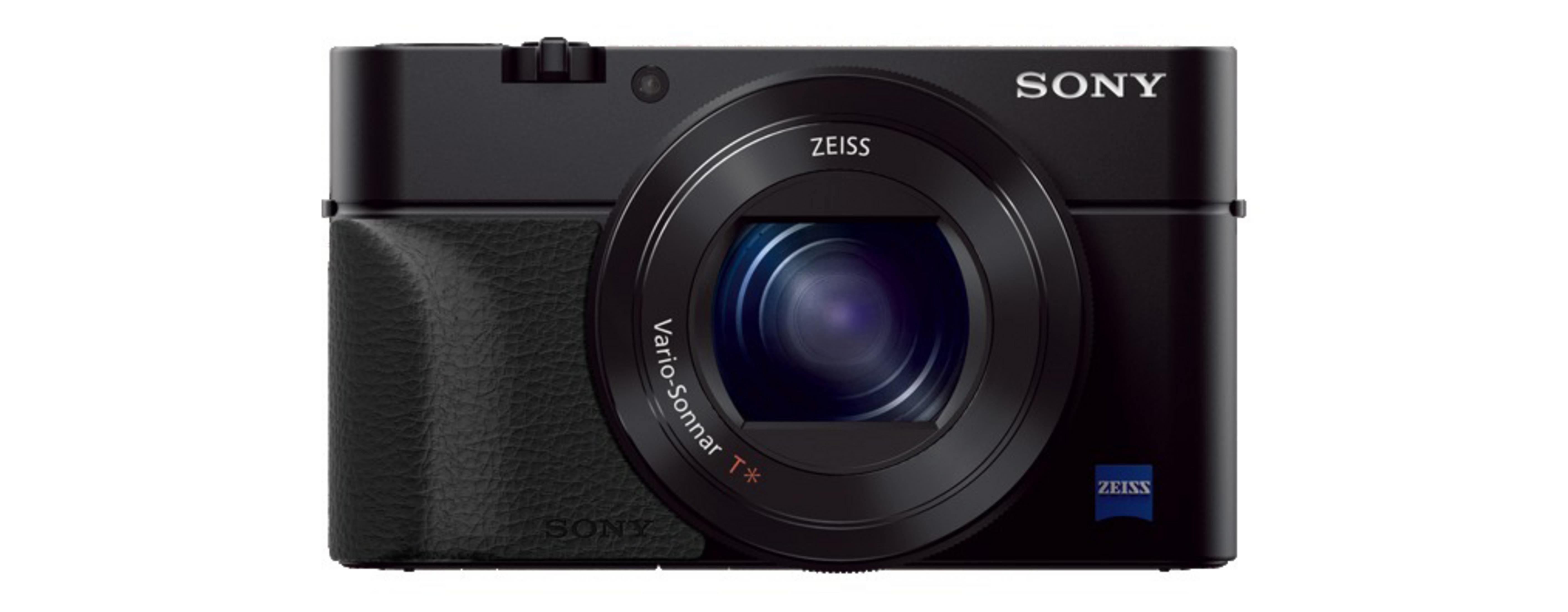 Eine schwarze Sony-Kamera mit Zeiss-Objektiv und grippiger Textur.
