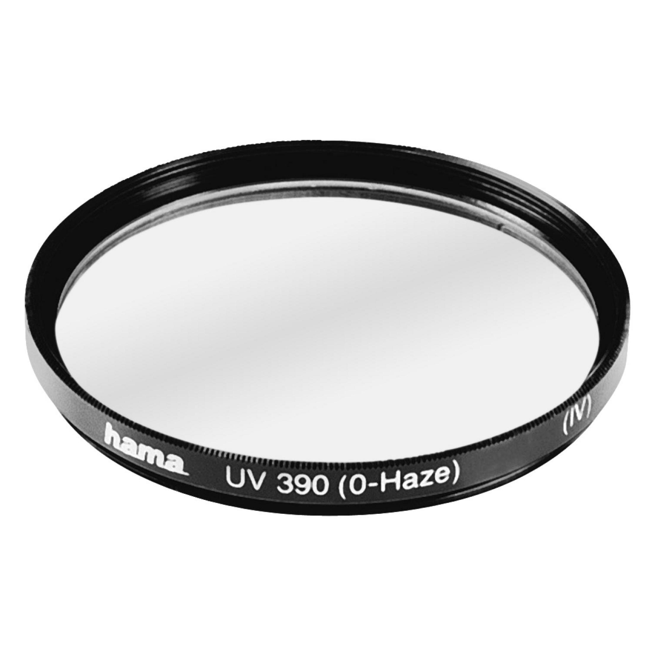 Ein Hama UV 390 (0-Haze) Objektivfilter mit schwarzem Rahmen.