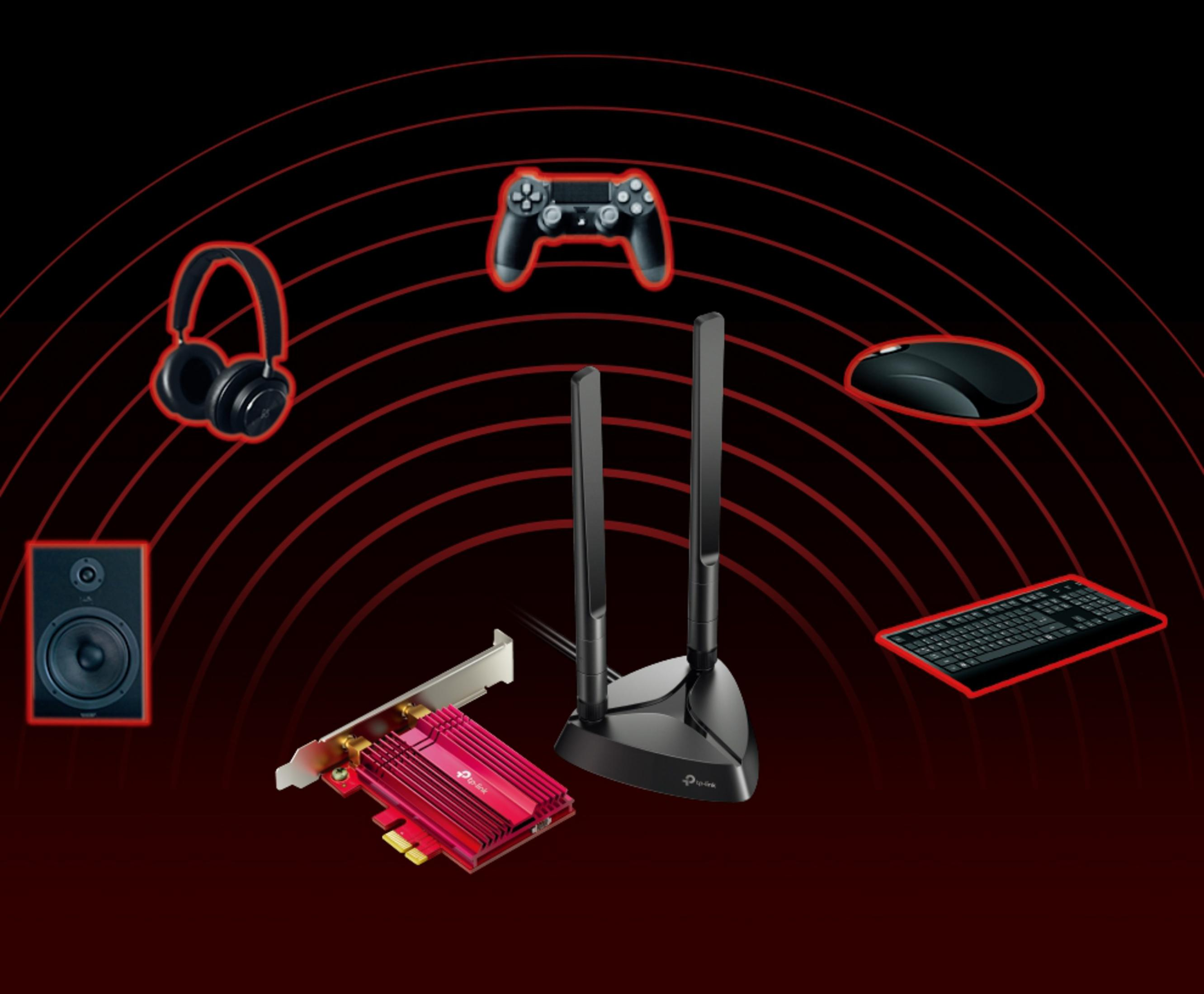 Akcesoria komputerowe: słuchawki, mysz, klawiatura, gamepad, głośnik, router, karta.
