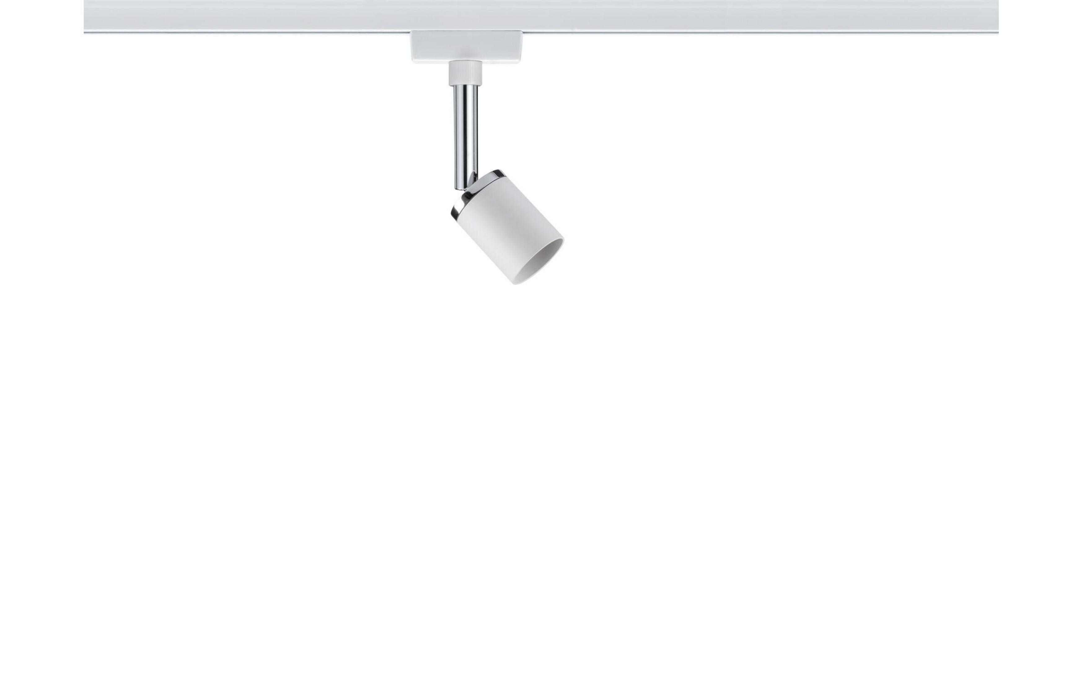 Un faretto bianco su binario bianco con accenti cromati.