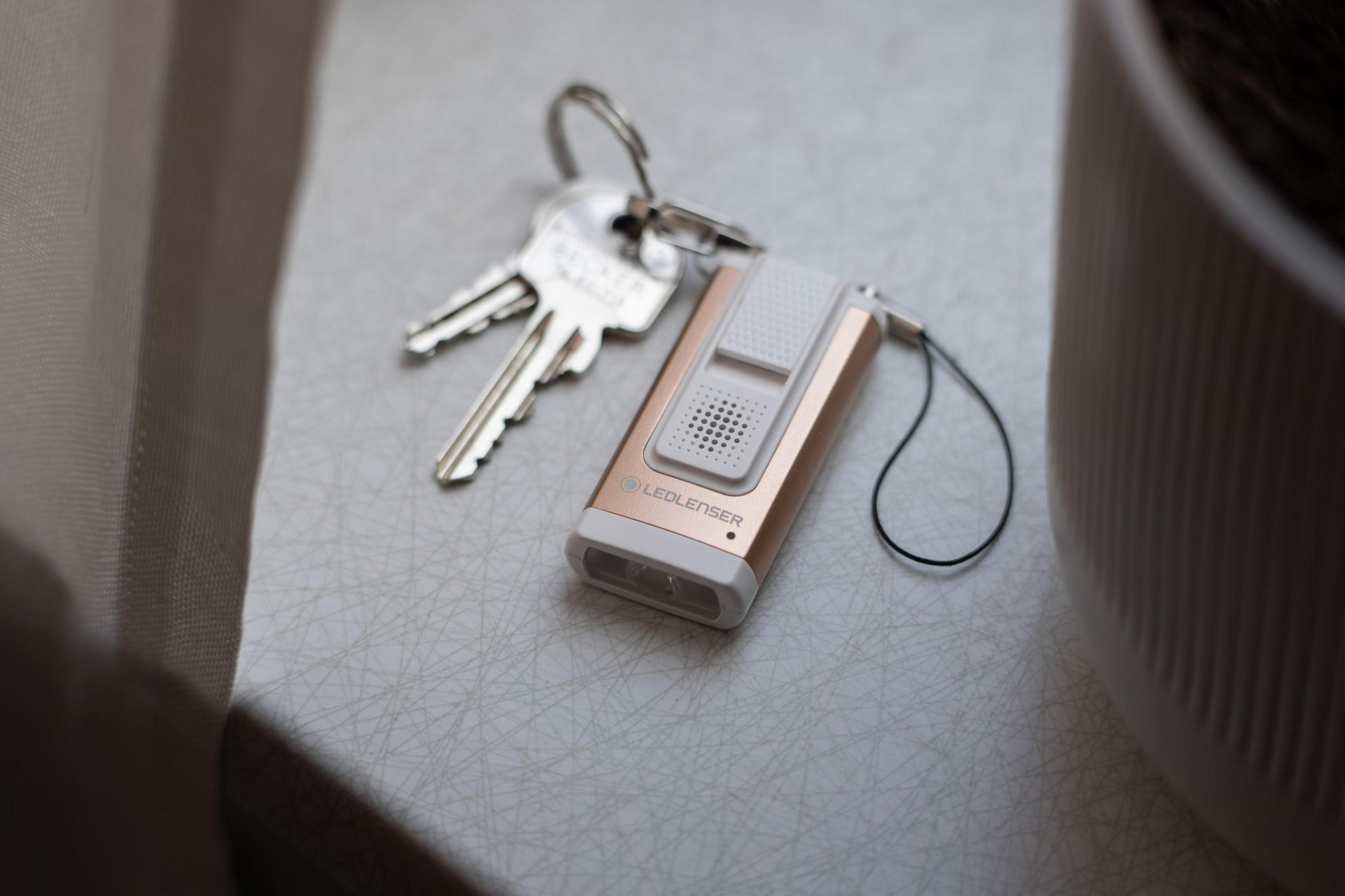 Klucze z małą latarką LED-Lenser na breloczku i doniczką w tle.