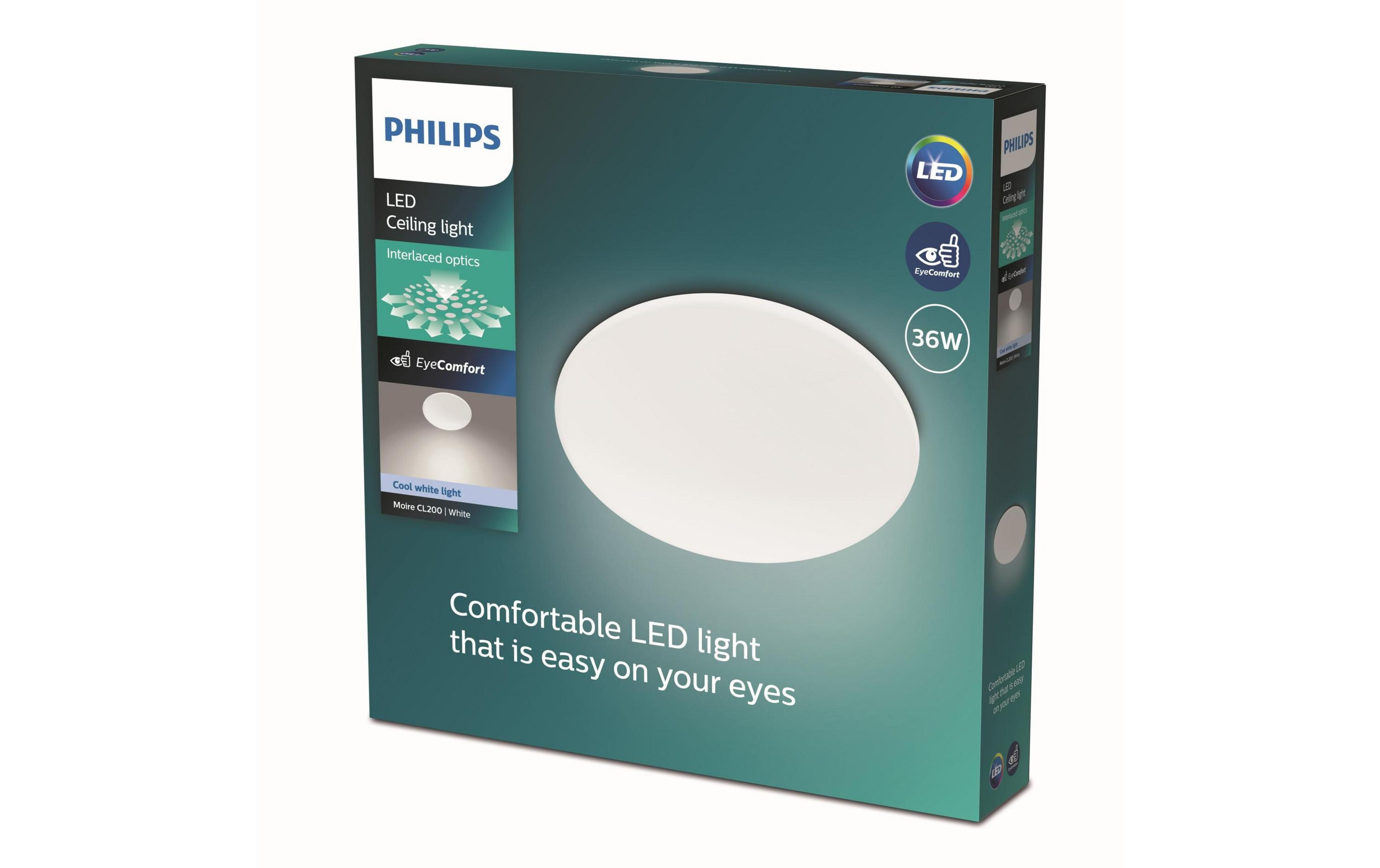 Embalaje de una luz de techo LED Philips con tecnología "EyeComfort".