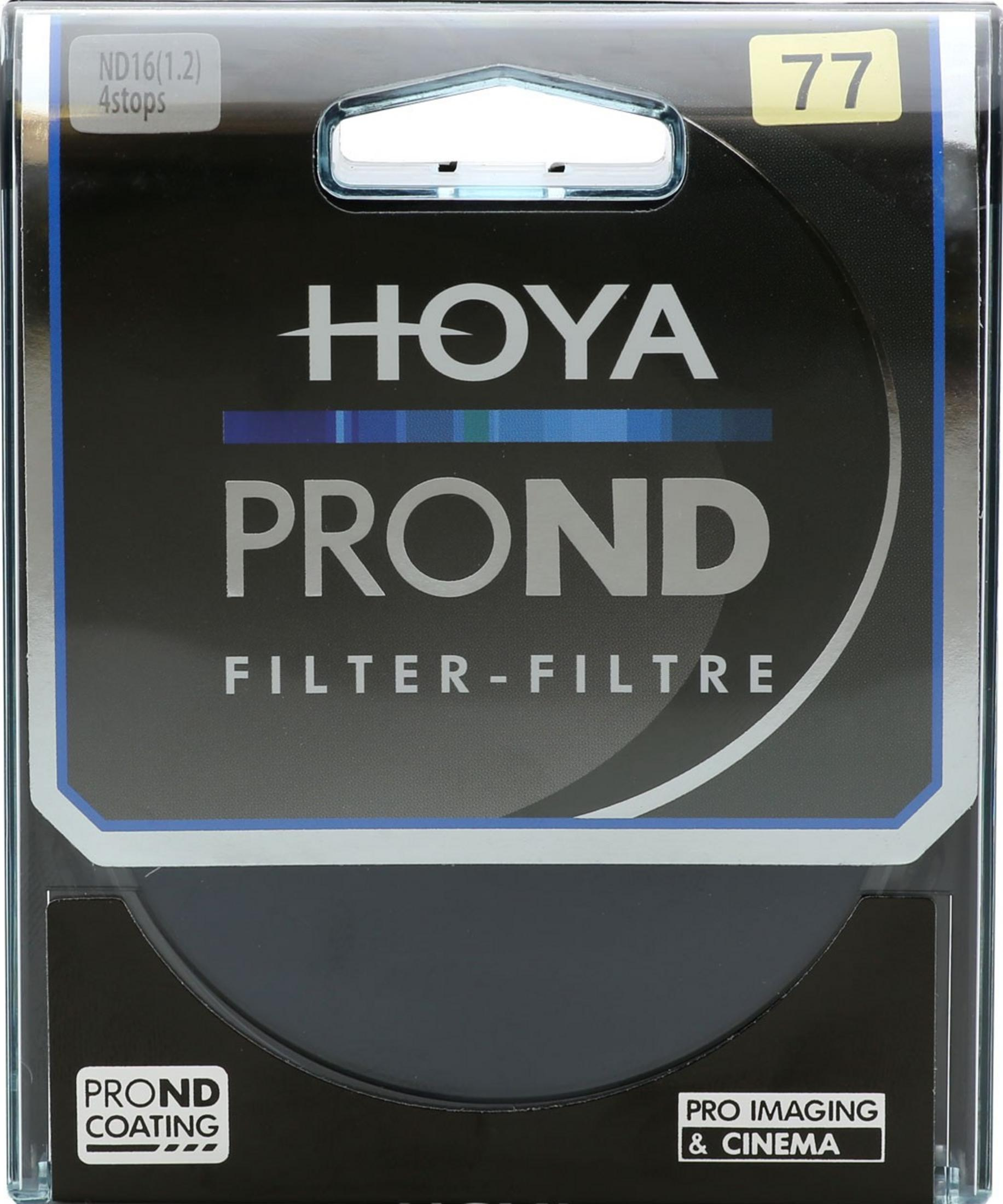 Verpackung eines Hoya PROND ND16 (1.2) 4stops 77mm Filter mit PROND COATING.