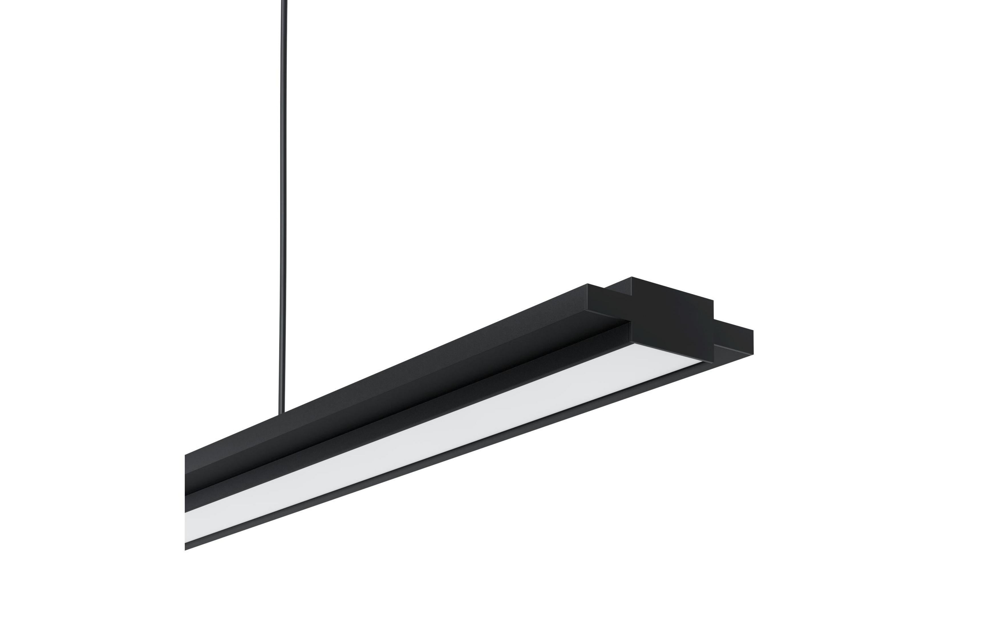Ein schwarzer, schwebender LED-Balken mit weißer Lichtleiste, der von einem Kabel gehalten wird.