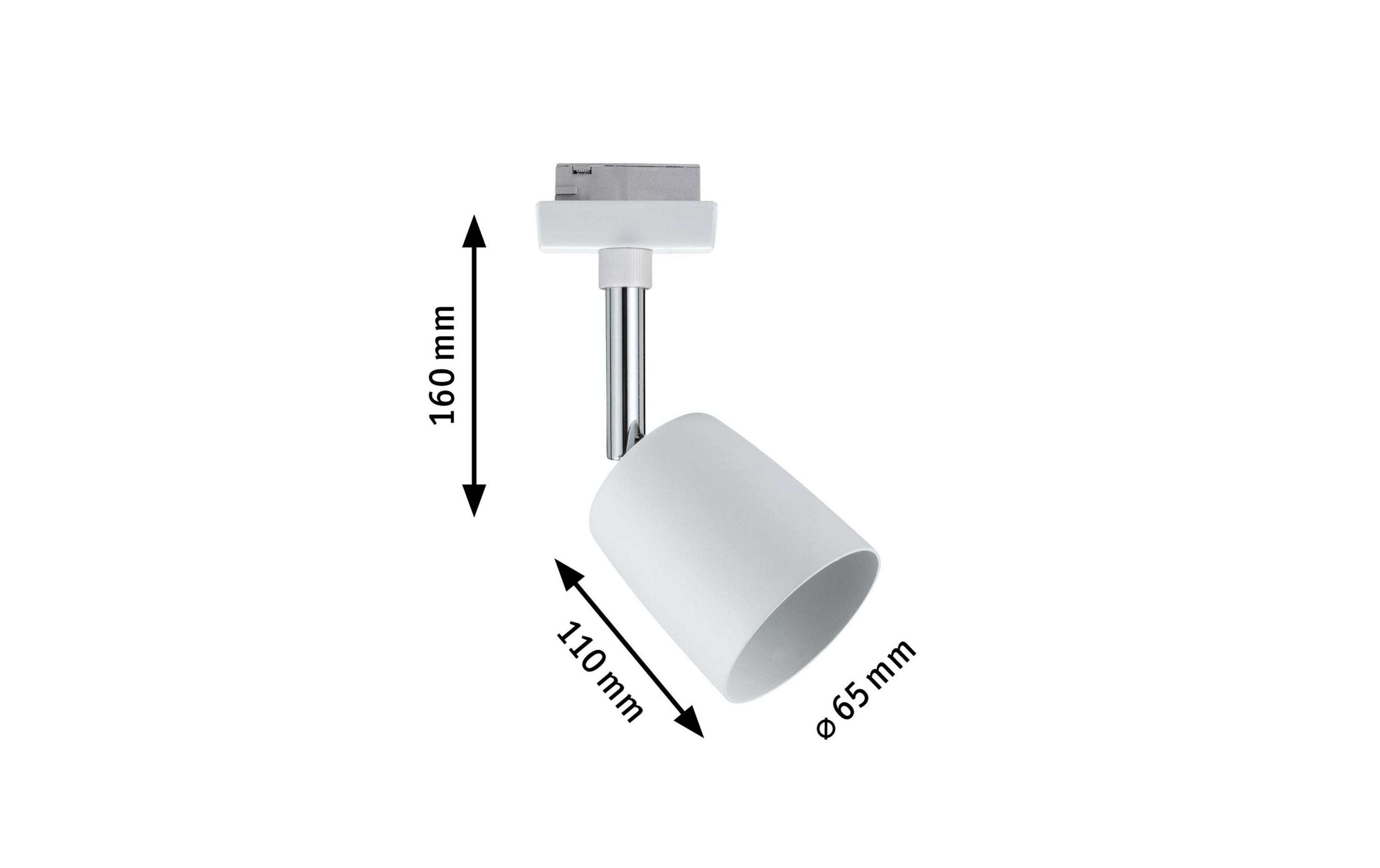 Un faretto da binario bianco con dimensioni 160 mm altezza, 110 mm lunghezza, 65 mm diametro.