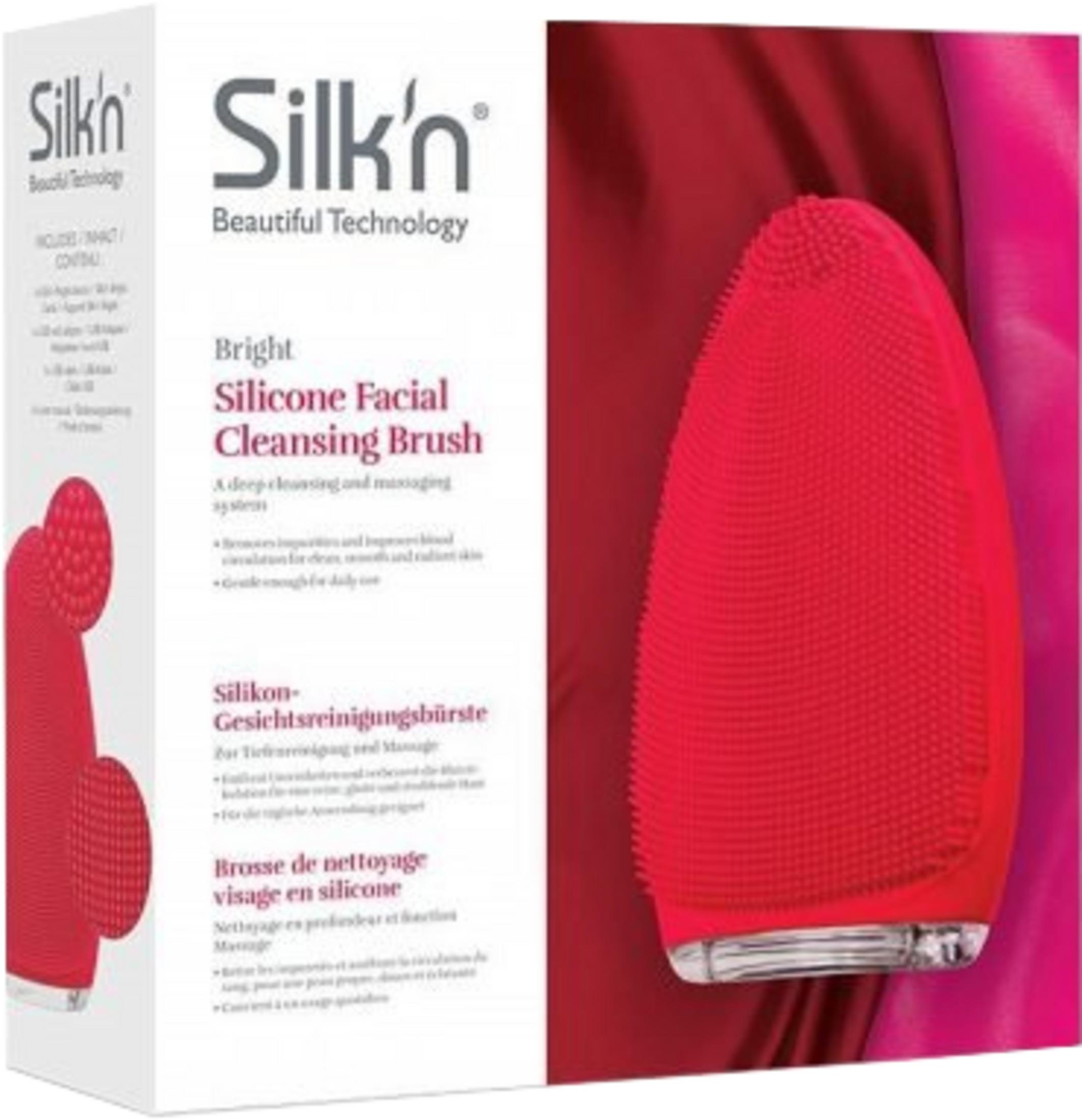 Rote Silikon-Gesichtsreinigungsbürste auf Verpackung mit Text.