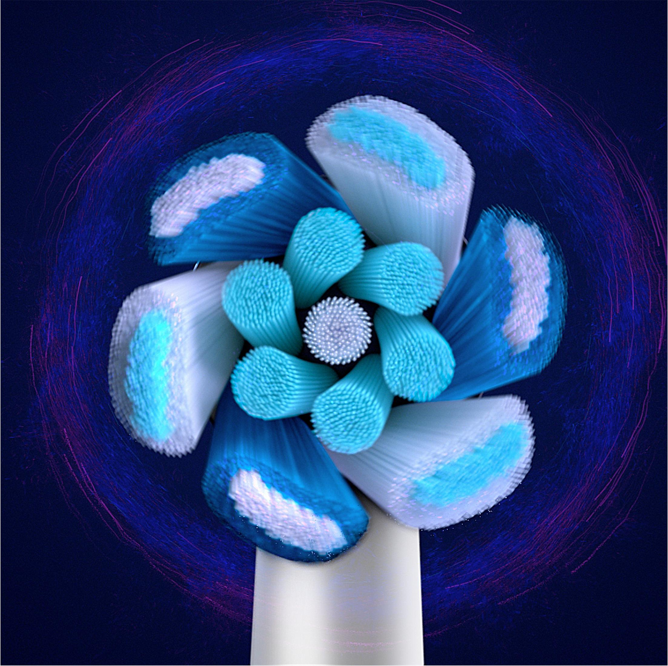 Szczoteczka elektryczna z niebiesko-białym włosiem na ciemnym tle.