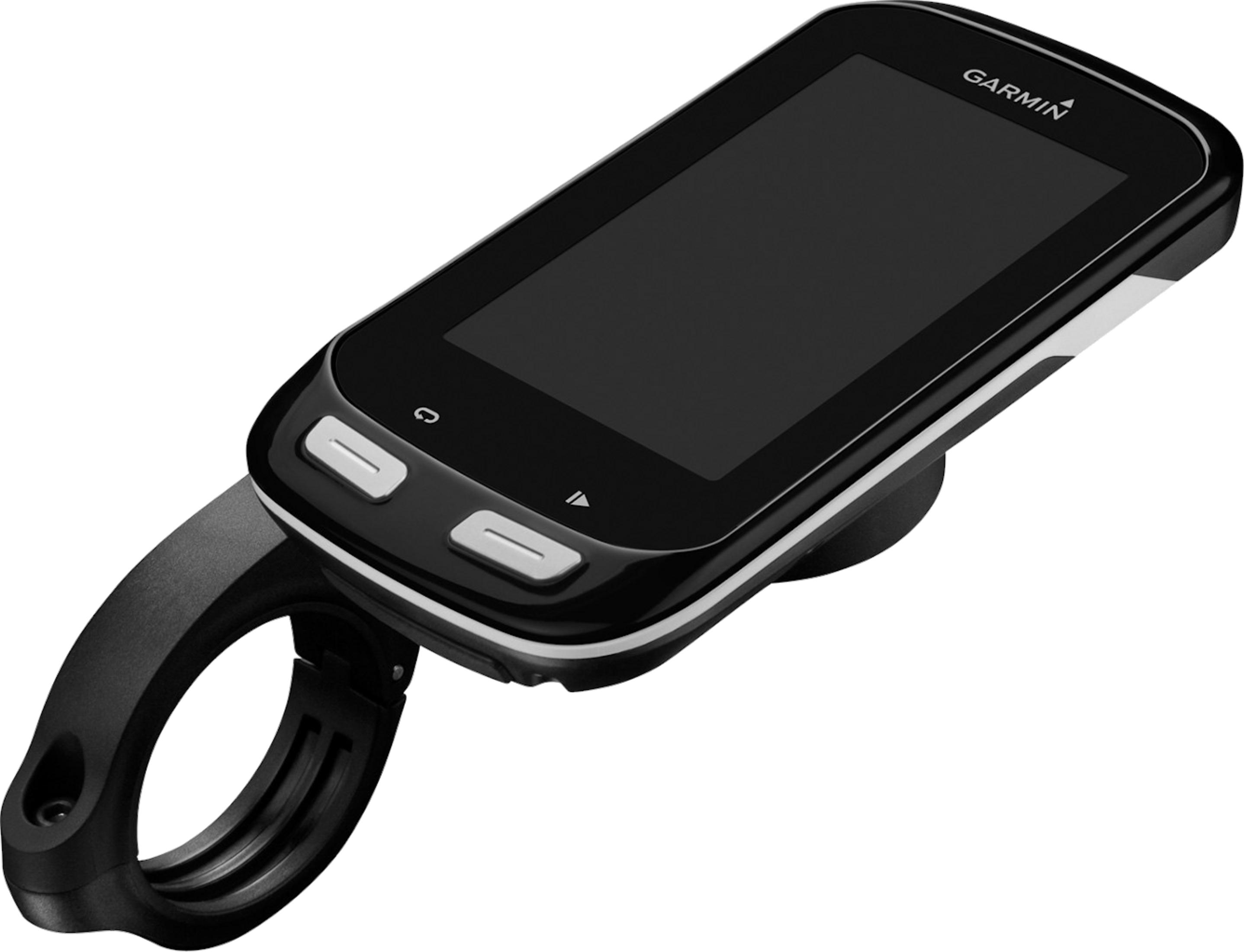 Ciclocomputador Garmin negro con botones plateados y soporte.