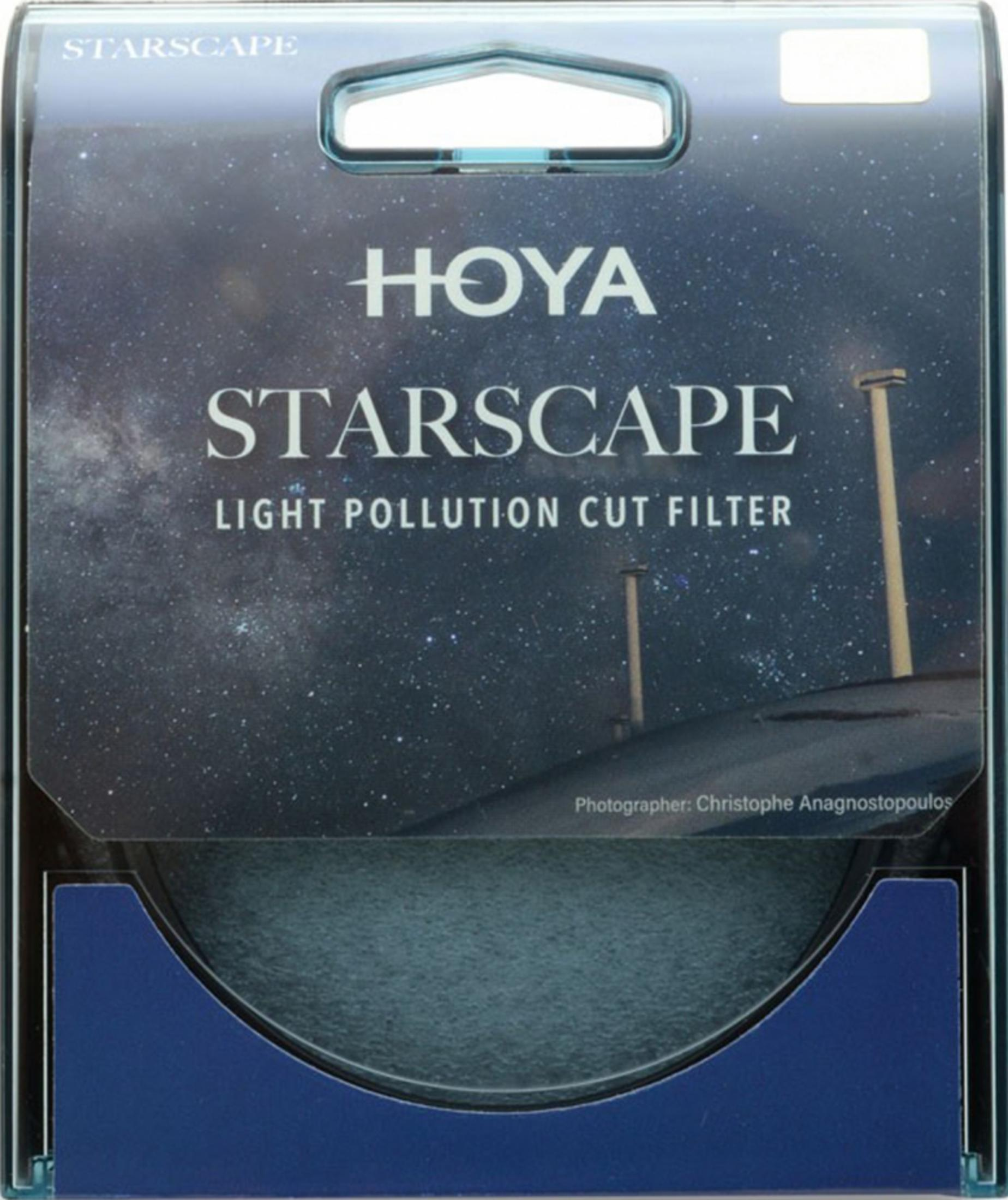 Confezione Hoya Starscape Light Pollution Cut Filter con design a cielo stellato.