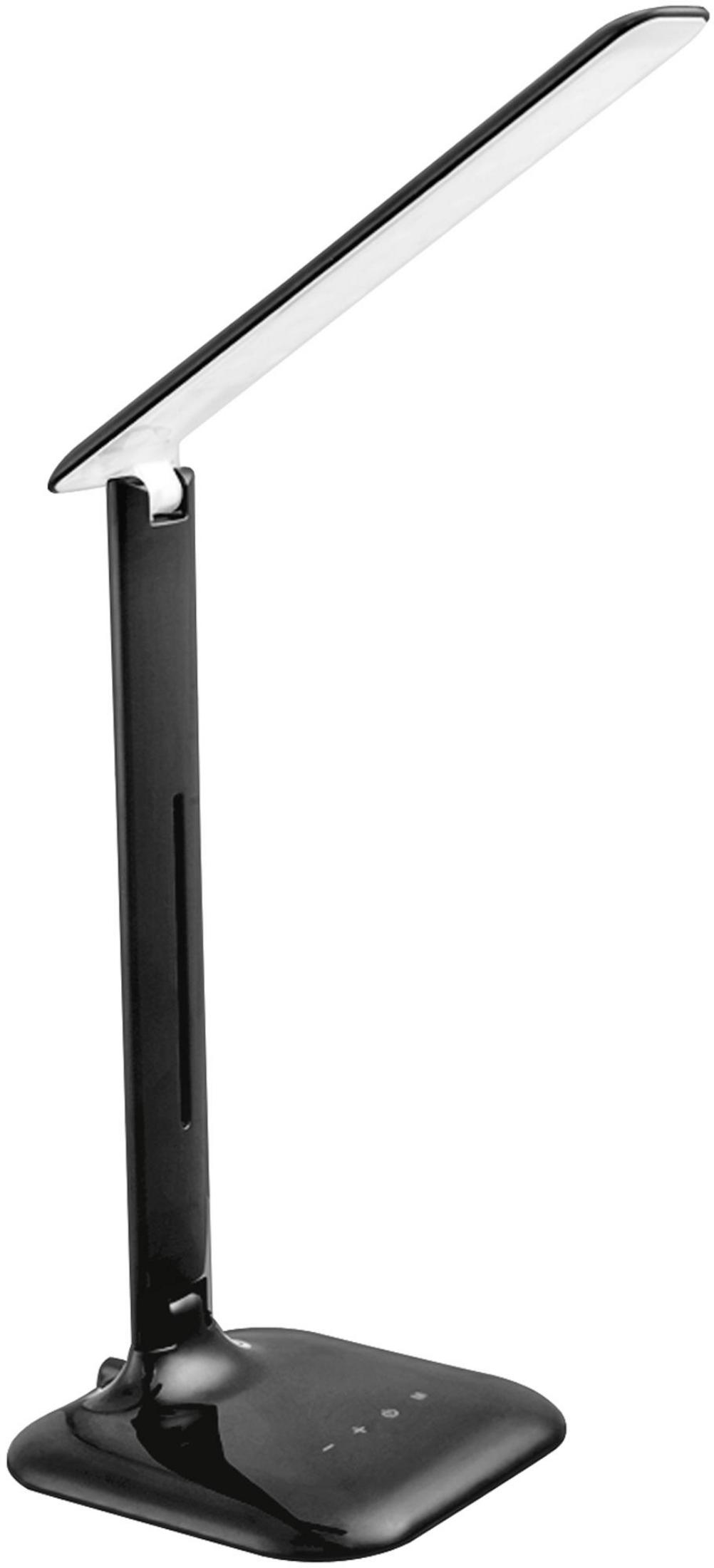 Eine schlanke, schwarze Schreibtischlampe mit einem verstellbaren Arm und LED-Licht.