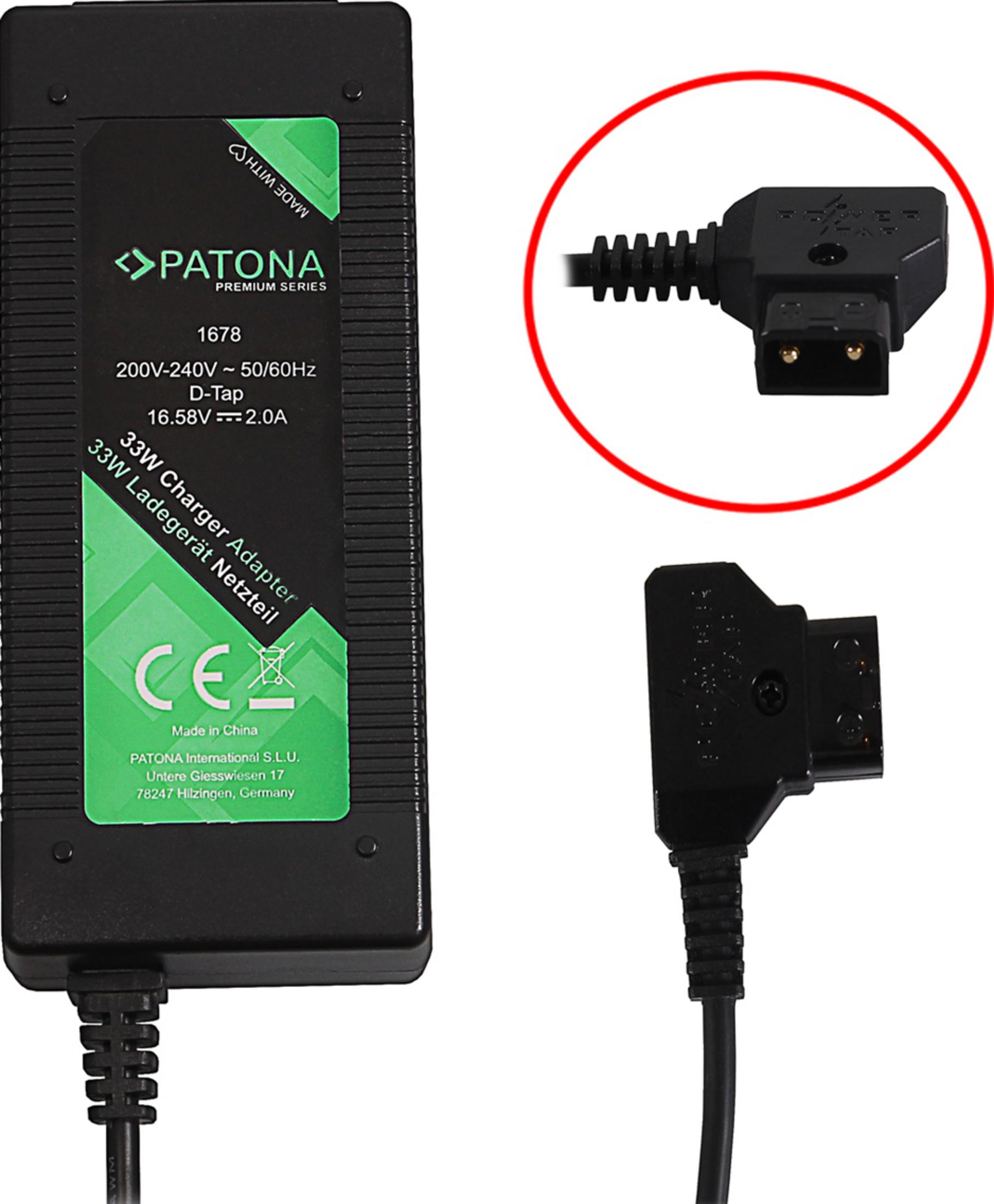 Schwarzer PATONA D-Tap Ladegerät Adapter mit Kabeln und Anschlüssen.