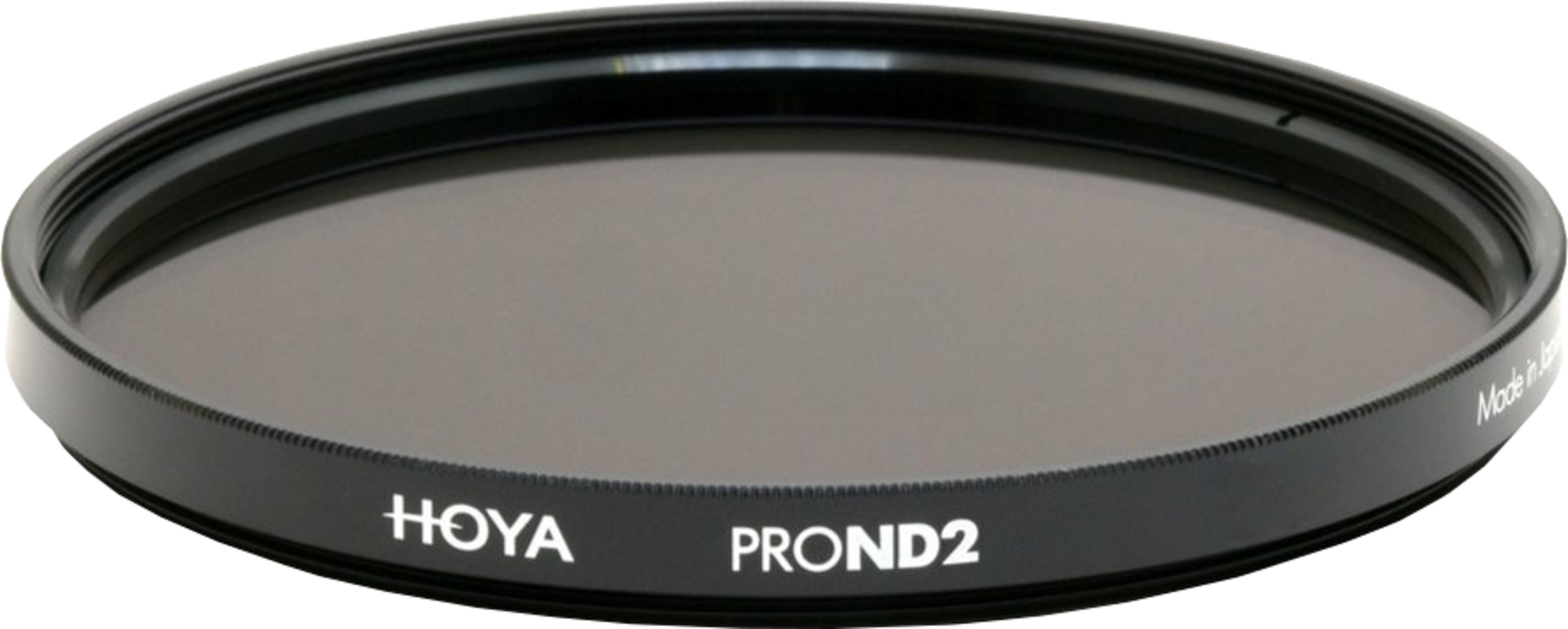 Ein grauer Hoya PROND2-Filter mit schwarzem Rahmen. Nahaufnahme.