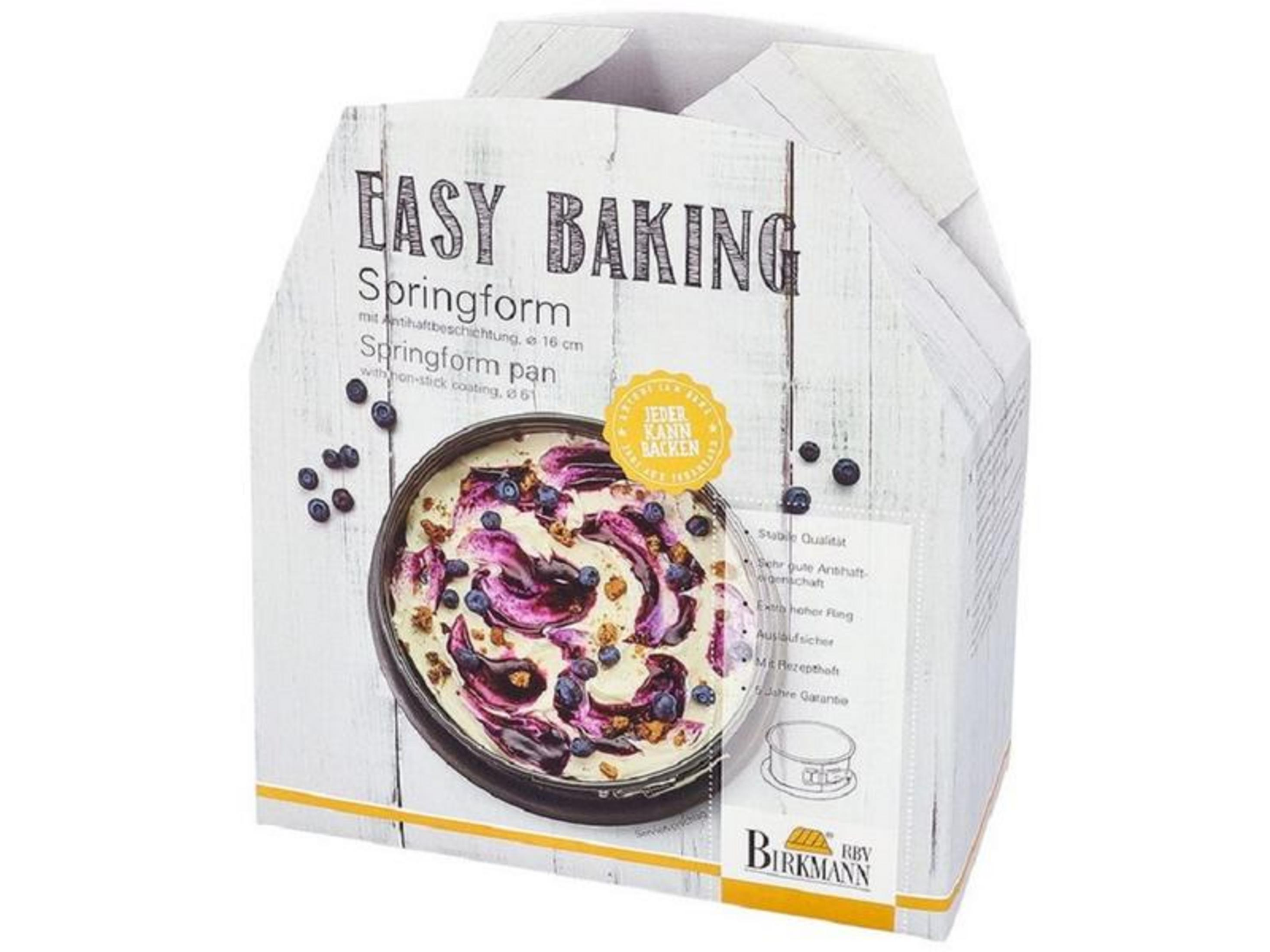 Verpackung für eine Springform mit Blaubeer-Kuchen und Text.