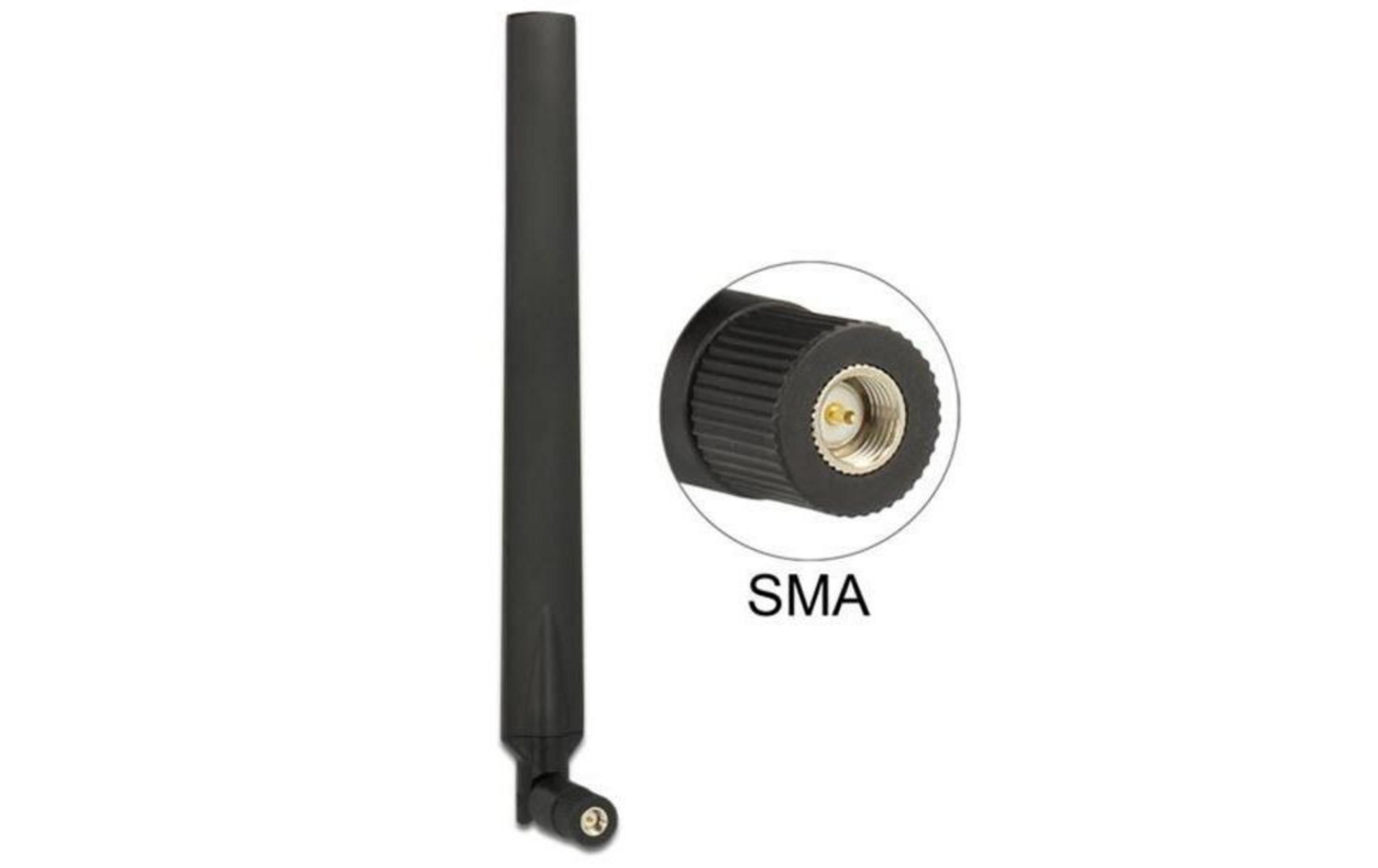 Antenna nera con dettaglio connettore SMA, isolata su bianco.