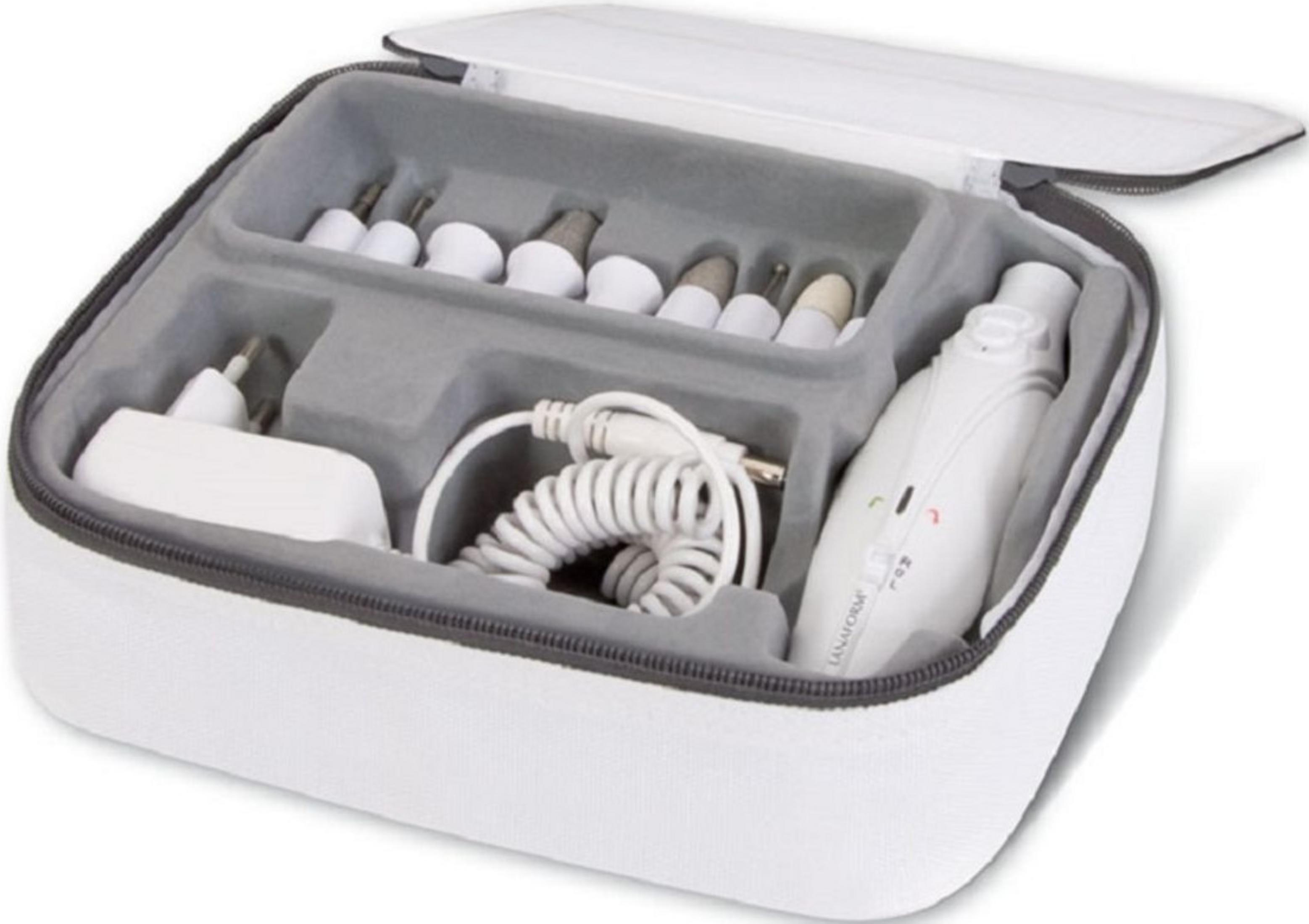 A white case containing a nail care device, adapters, and bits.