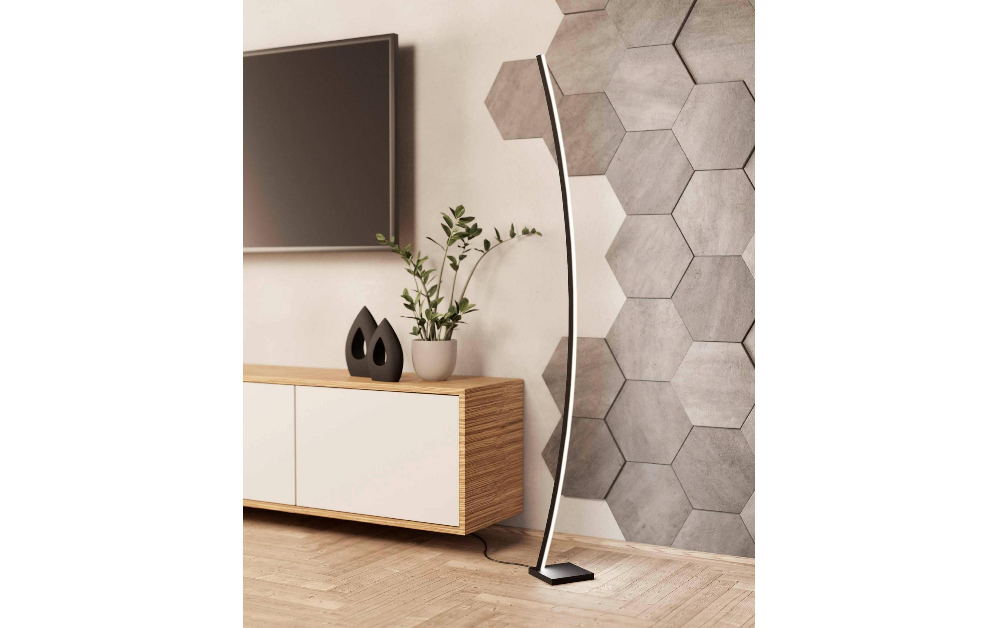 Moderner Wohnraum mit TV, Sideboard, Pflanze und einer gebogenen Stehlampe.