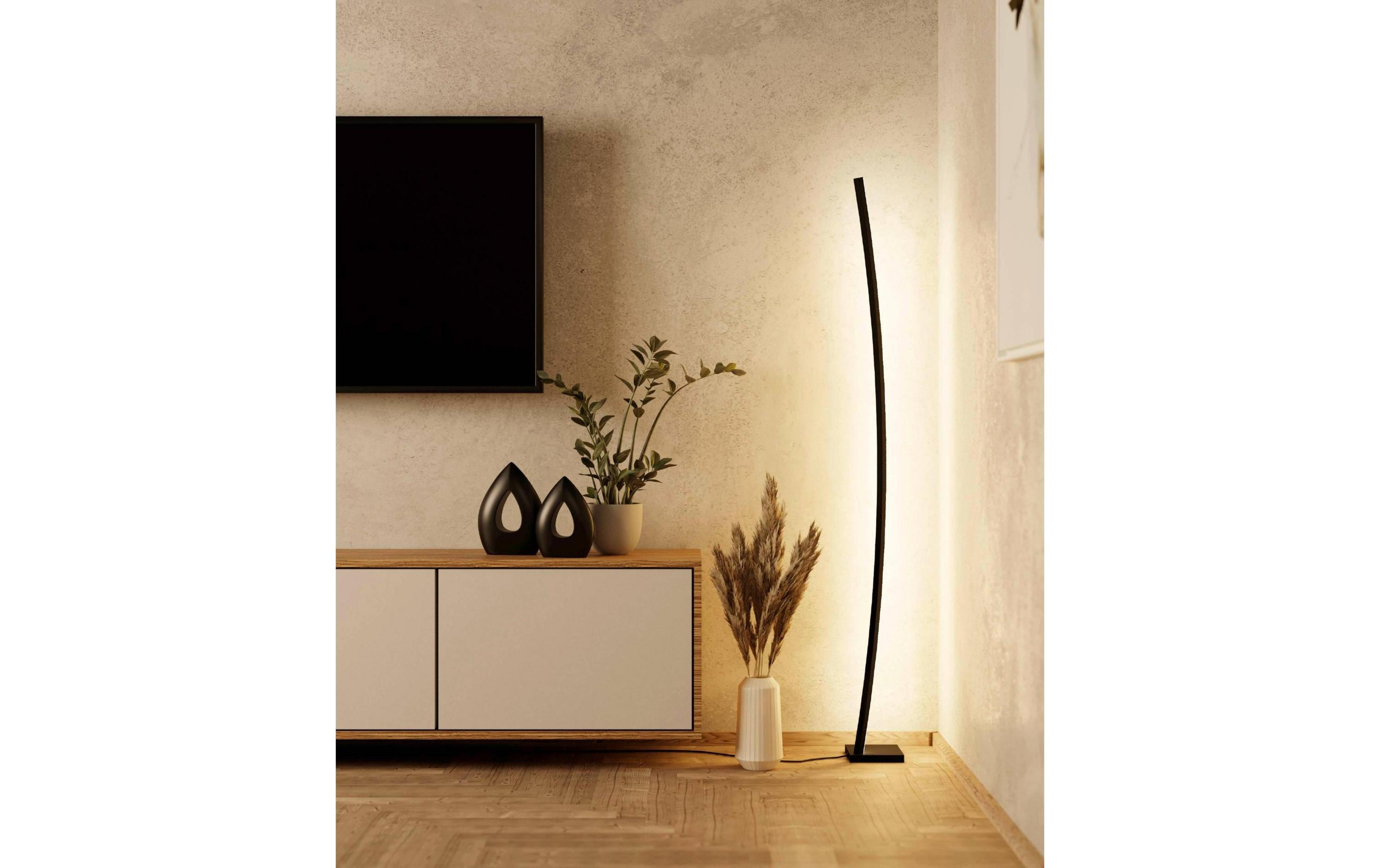 Ein schlankes schwarzes Stehlicht beleuchtet einen Raum mit TV, Kommode und Pflanzen.