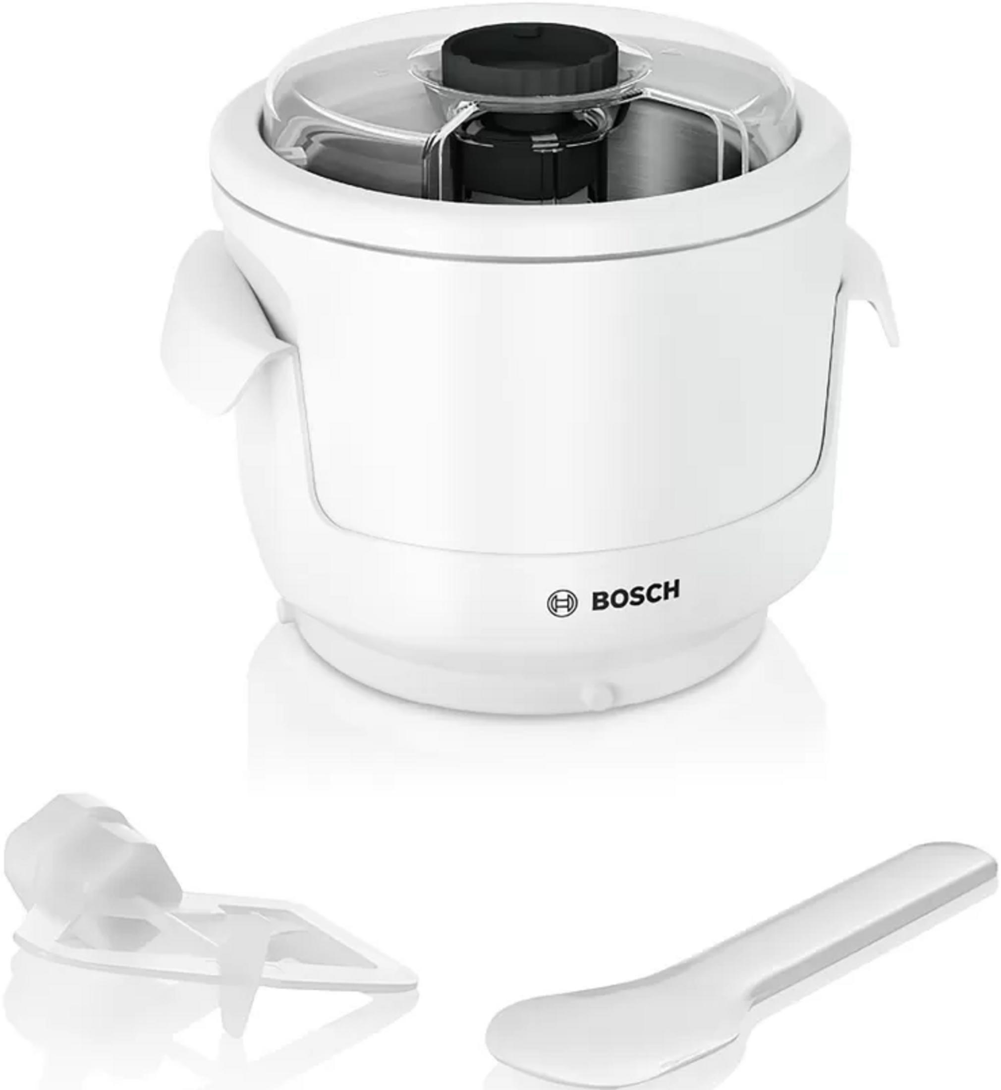 Weiße Bosch Eismaschine mit transparentem Deckel und Zubehör.
