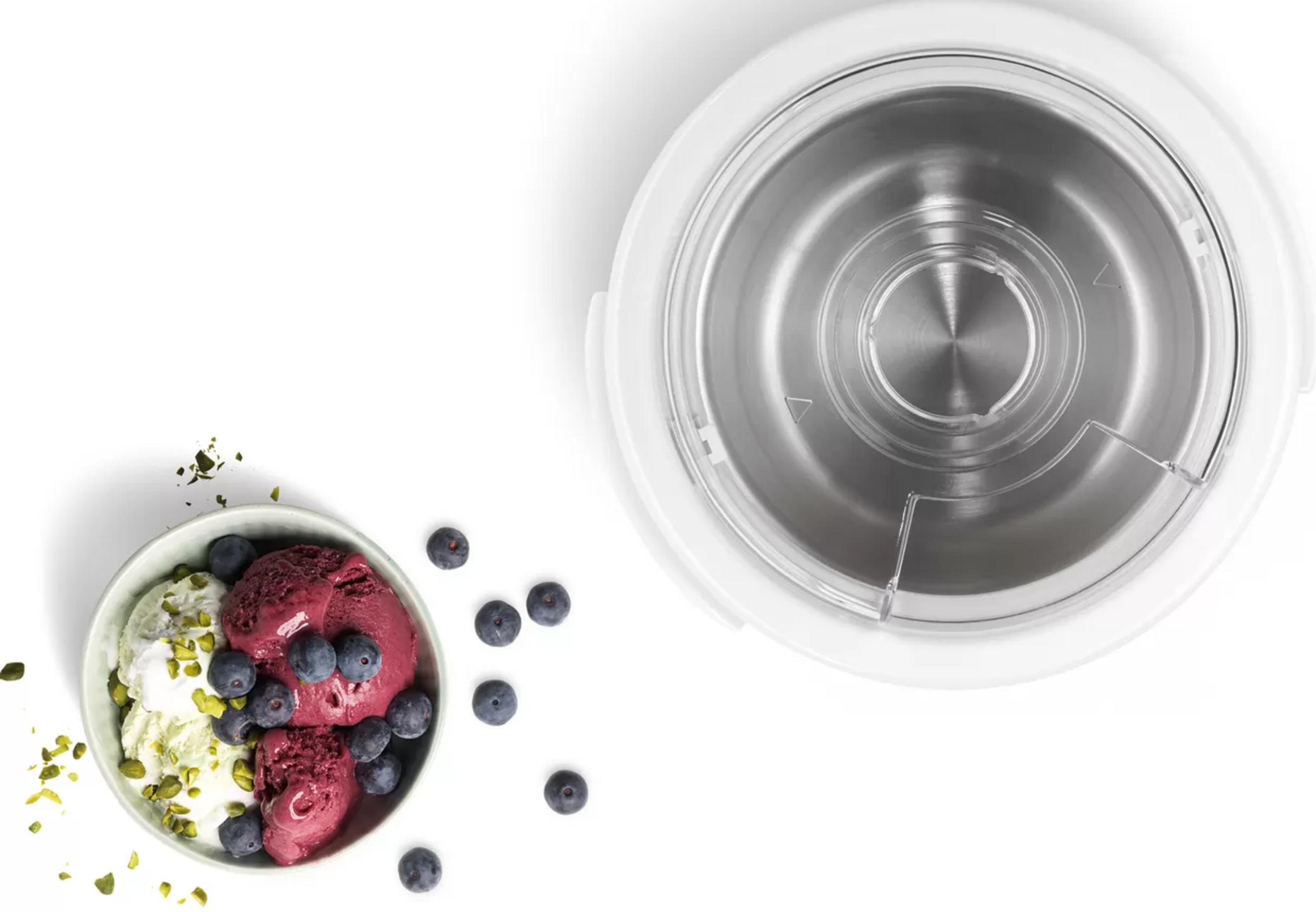 Schüssel mit Eiscreme und Blaubeeren neben einem Eismaschinenbehälter.