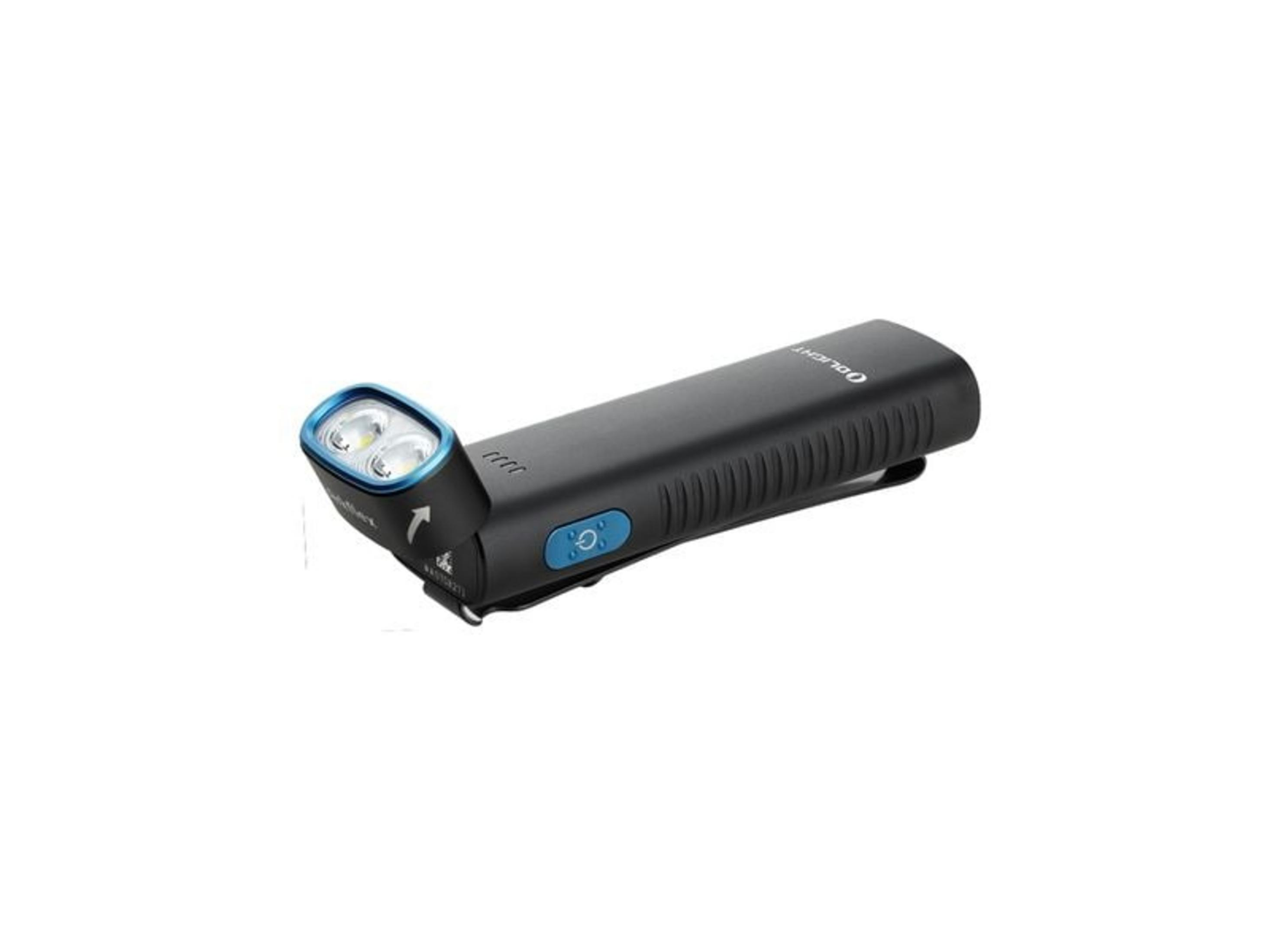 Lampe frontale noire avec bordure bleue, deux LED et un bouton bleu.