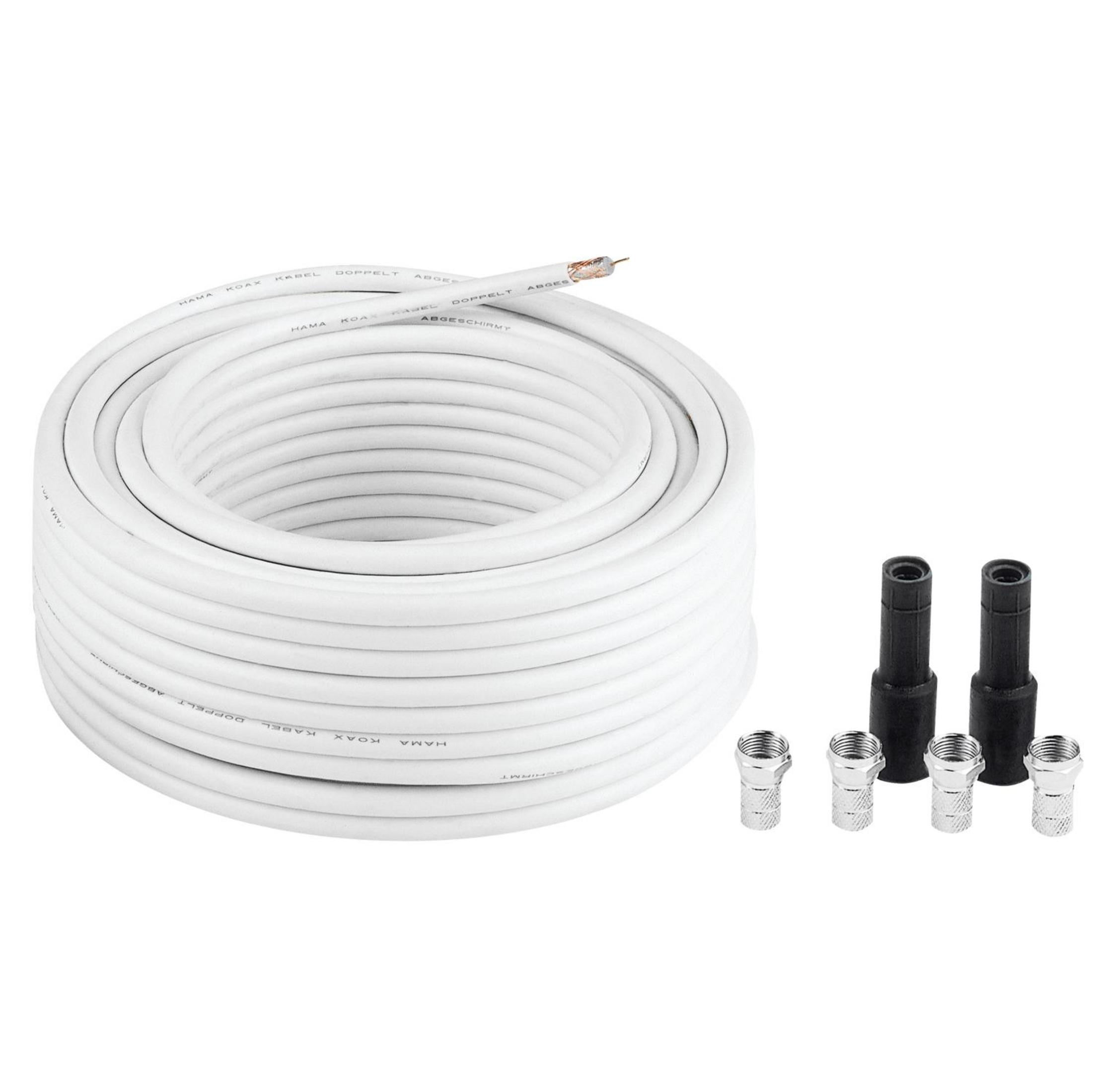 Ein weißes Koaxialkabel ist aufgerollt, daneben sind Stecker und Kappen.