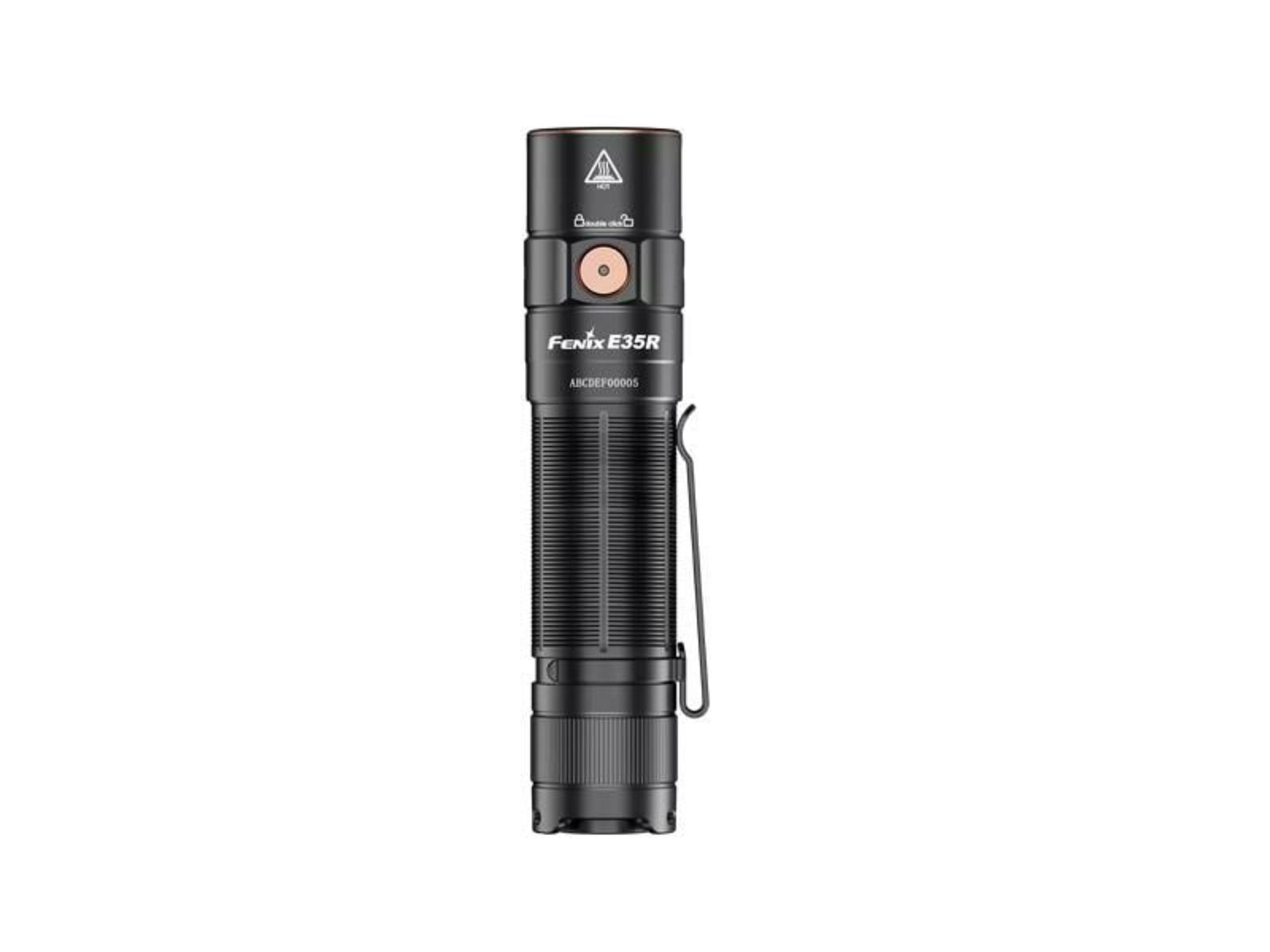 Lampe de poche noire avec poignée côtelée et un bouton sur le dessus.