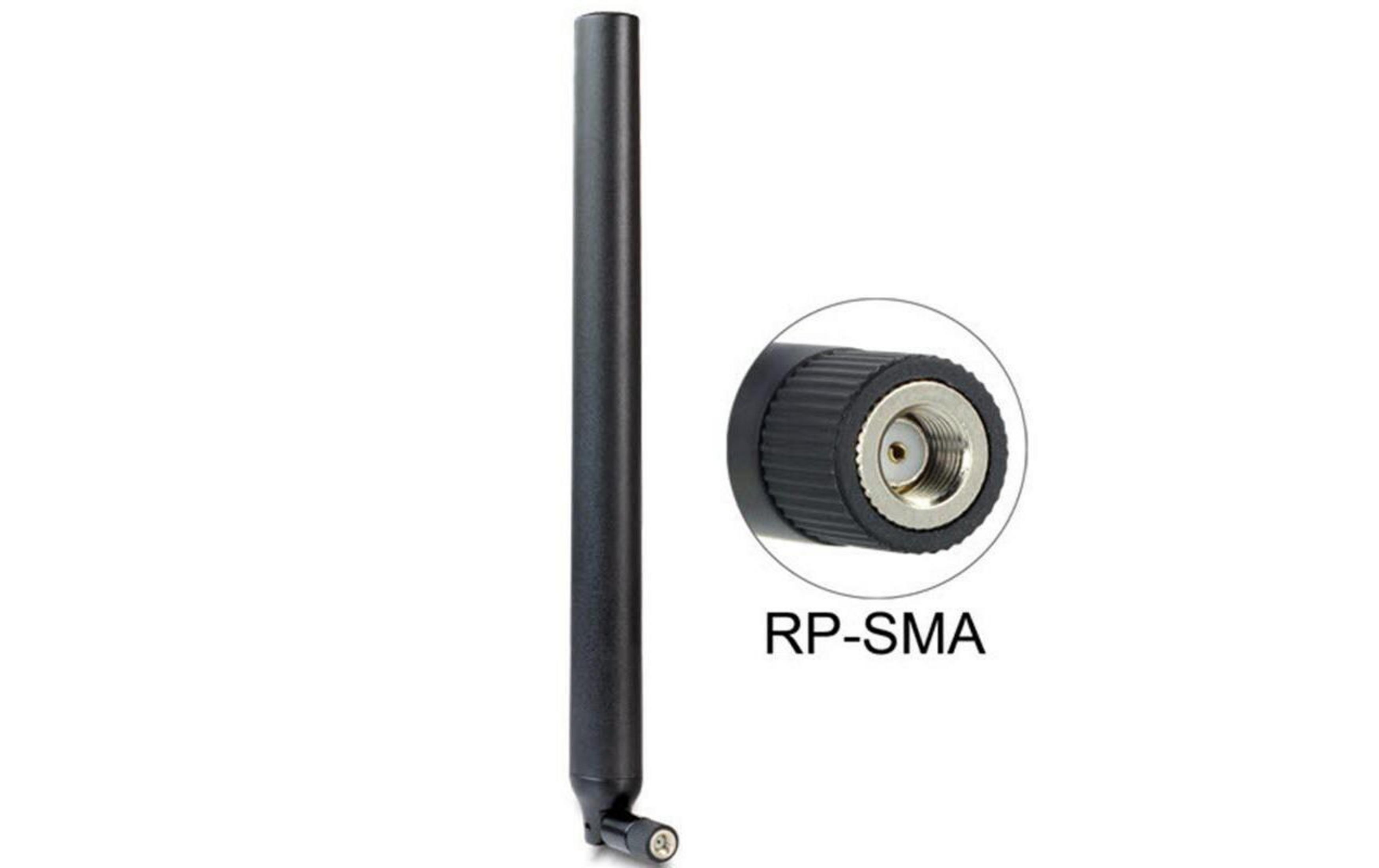 Un connettore antenna RP-SMA nero con primo piano della porta.