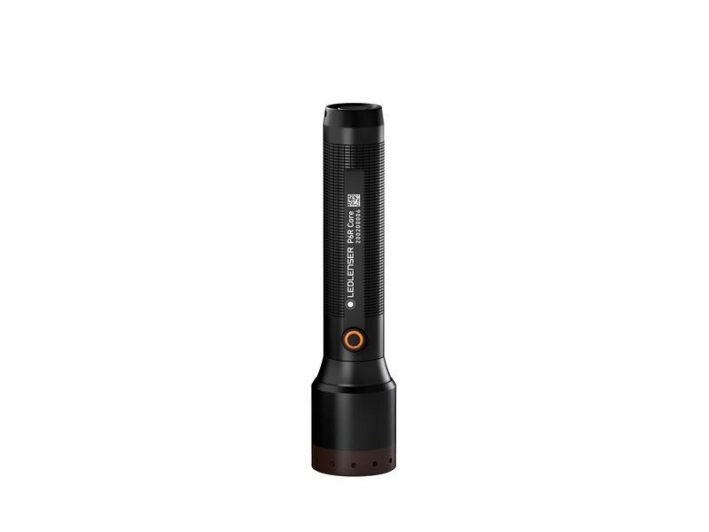 Eine schwarze Ledlenser P6R Core Taschenlampe mit orangefarbenem Ring und Beschriftung.