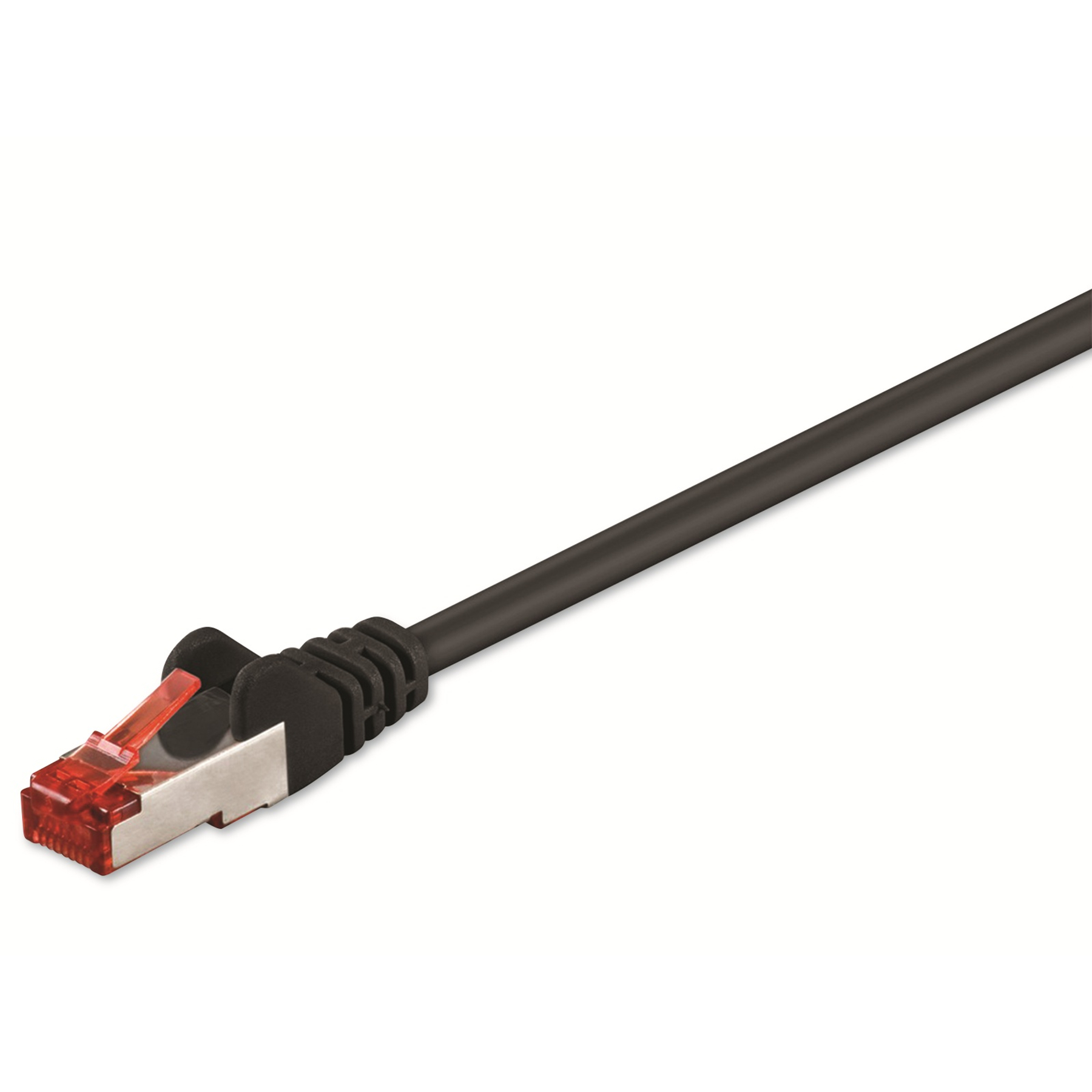 Un cavo di rete nero con connettore RJ45 rosso su sfondo bianco.