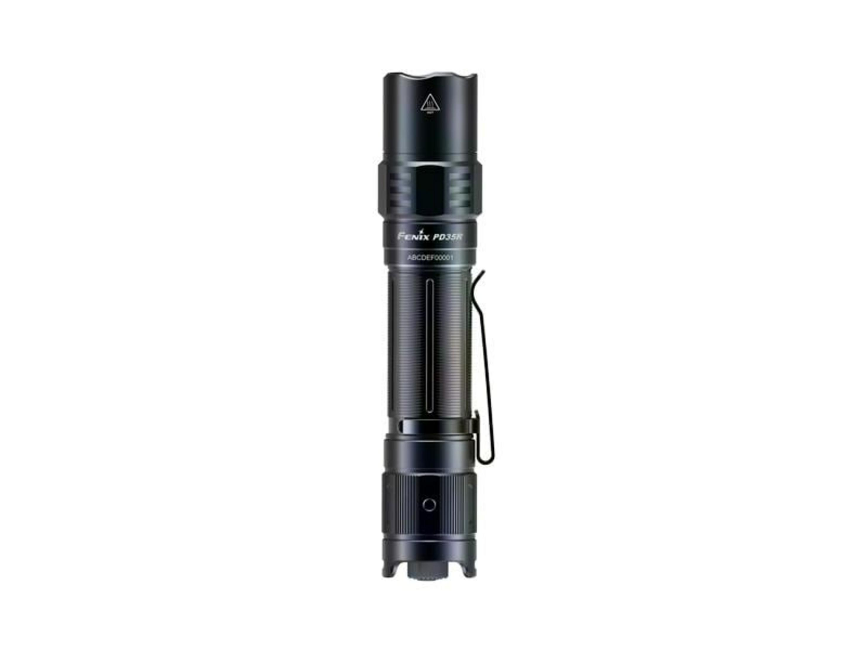 Une lampe torche Fenix noire avec une poignée côtelée et un clip argenté.