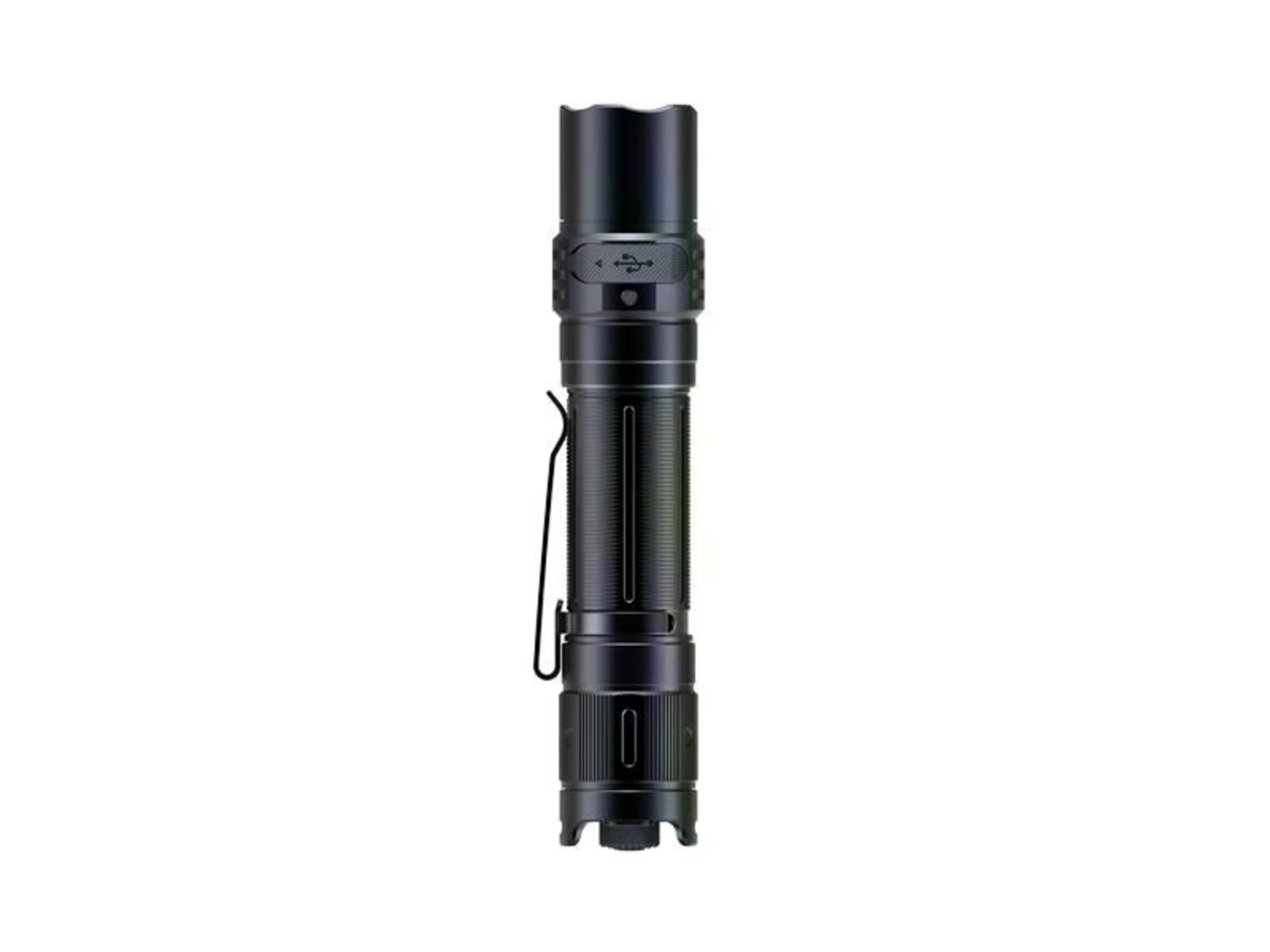 Une lampe torche noire avec une poignée côtelée et un symbole USB.