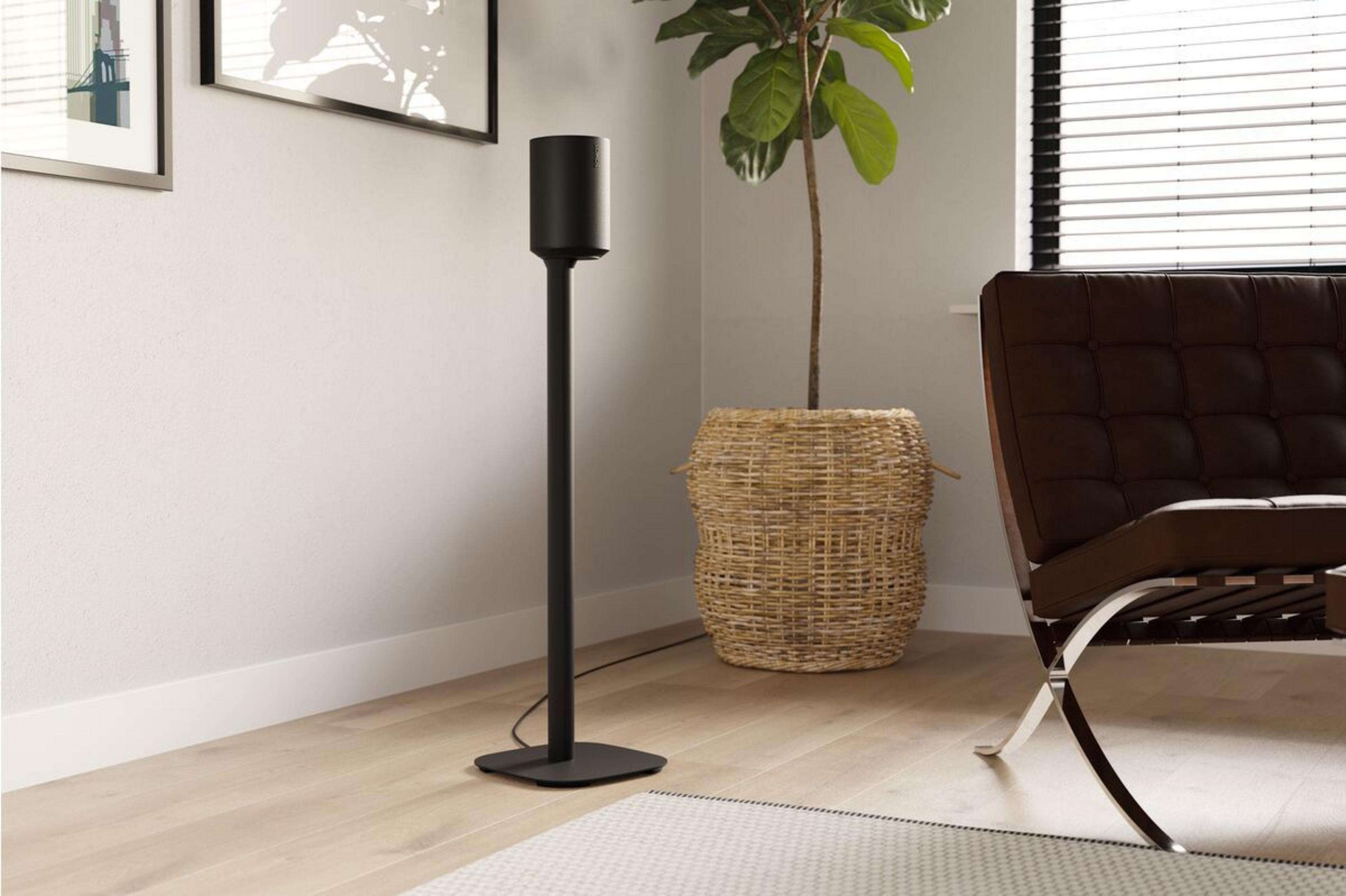 Haut-parleur noir sur pied à côté d'une plante en pot et d'un fauteuil marron.