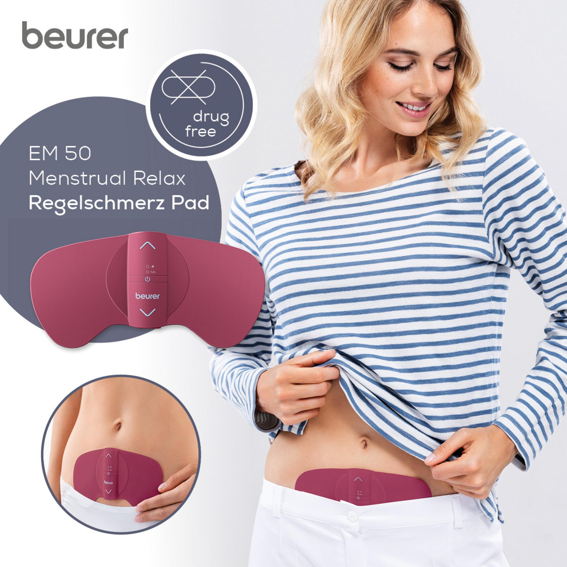 Beurer EM 50 Pad: Donna con top a righe e pad sull'addome.