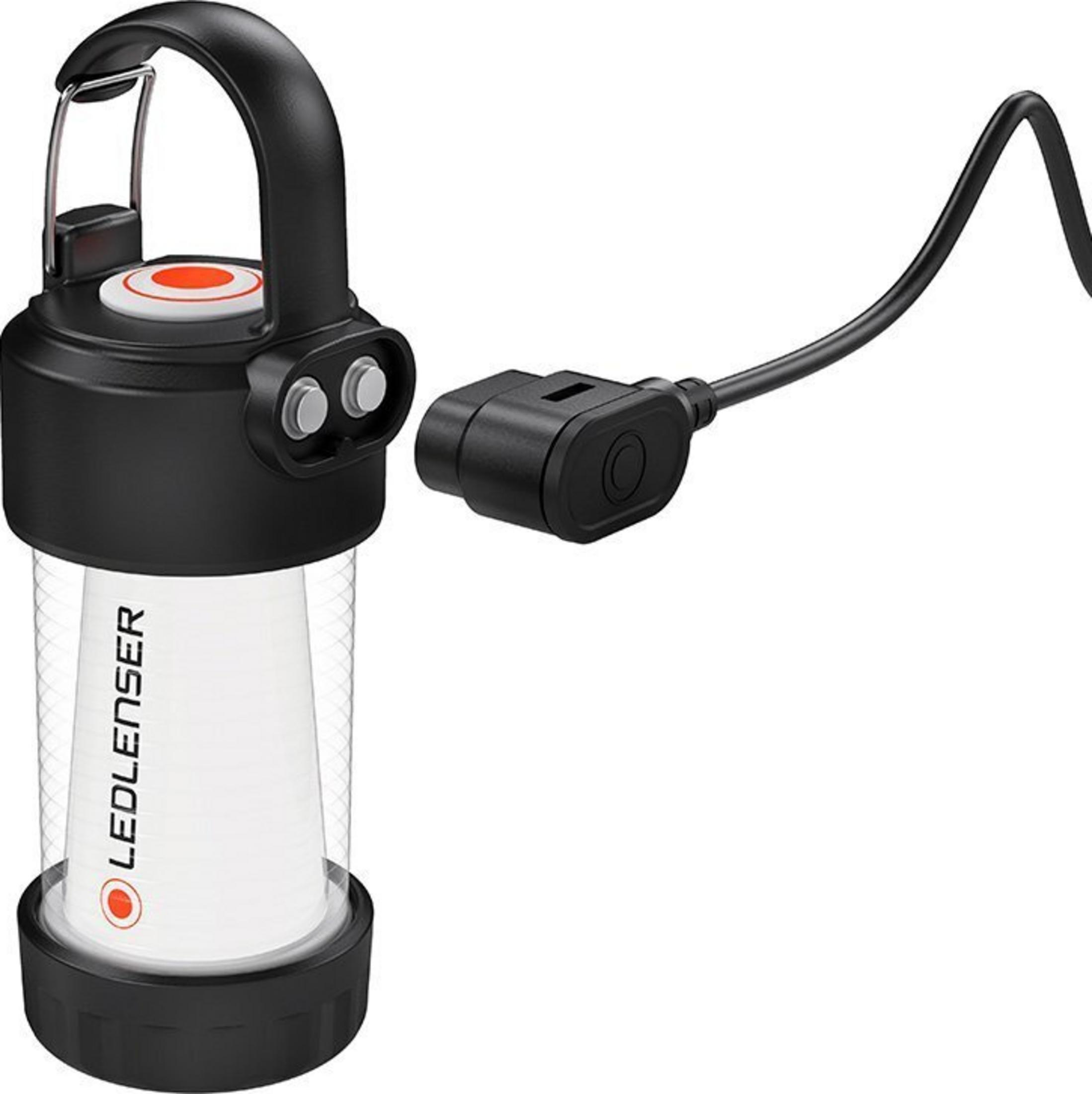 Lanterna LED nera con cilindro bianco, accento arancione e cavo di ricarica.