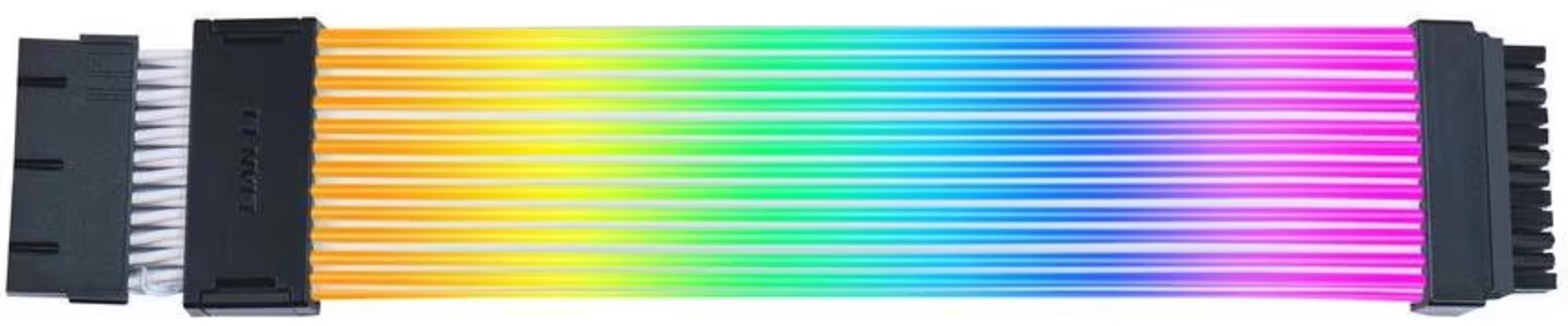 Un cavo PC RGB arcobaleno con connettori neri su sfondo bianco.
