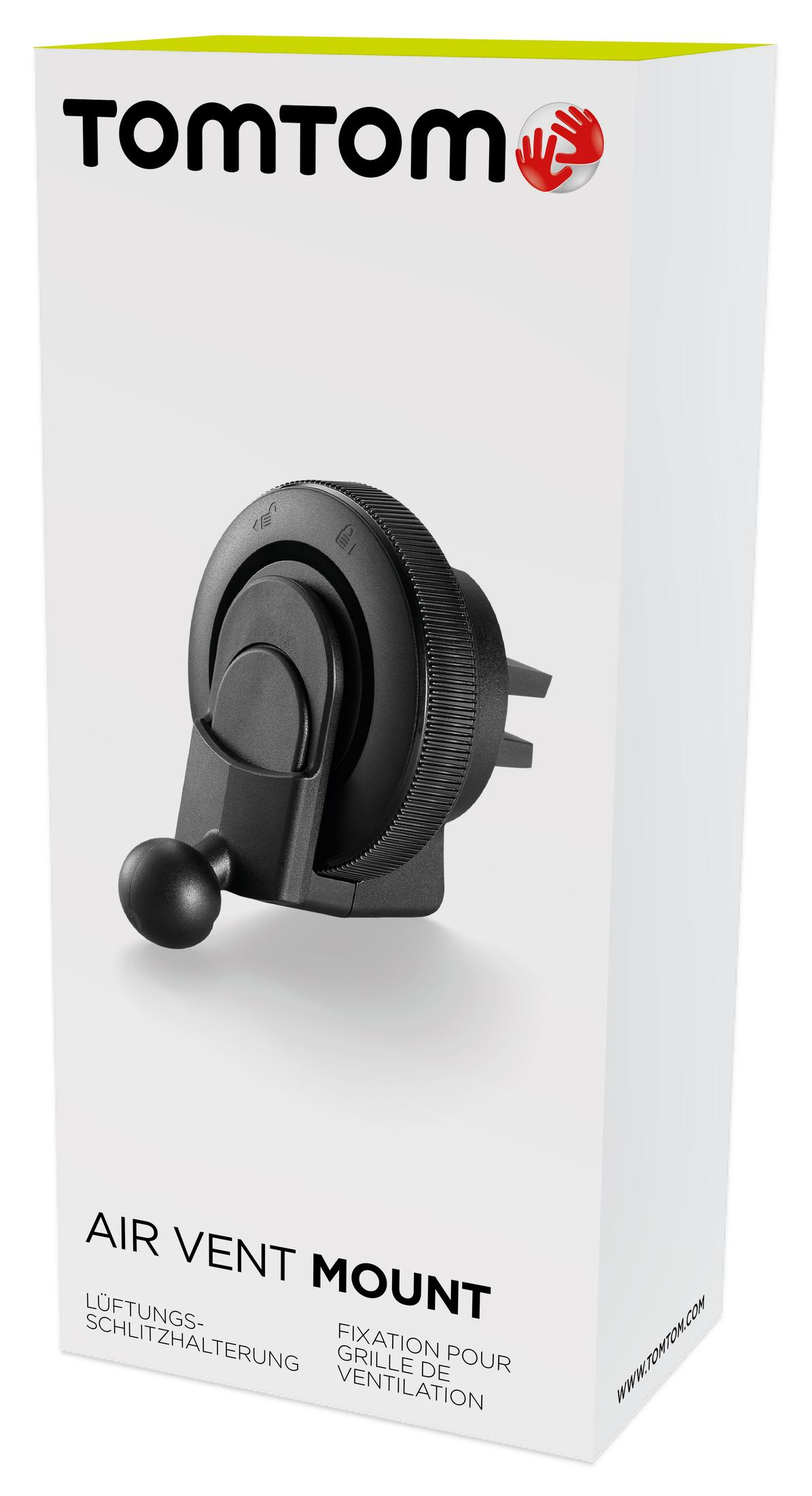 Czarny uchwyt samochodowy TomTom na kratkę wentylacyjną.