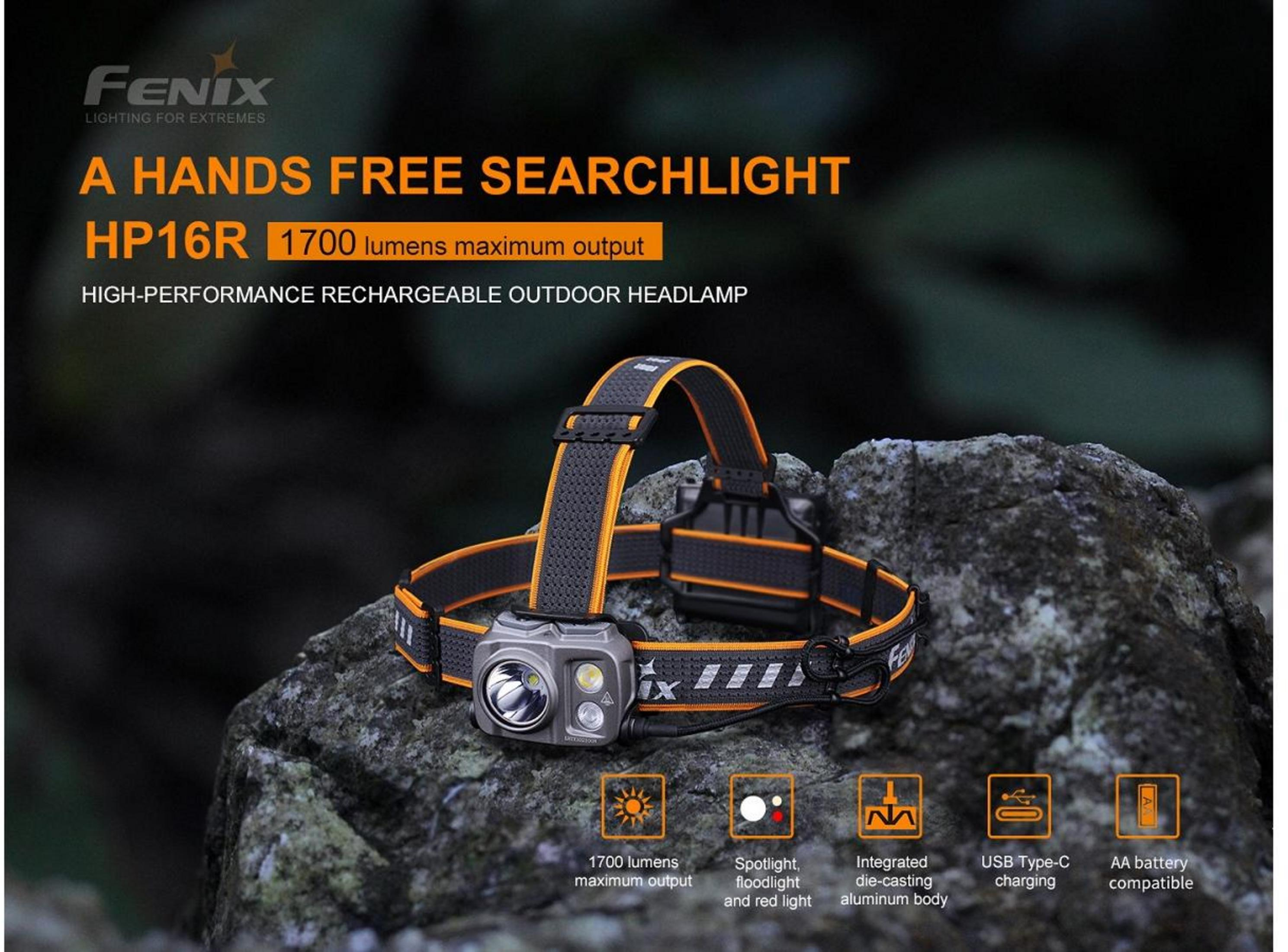 Lampe frontale Fenix HP16R grise avec sangle orange sur des rochers.