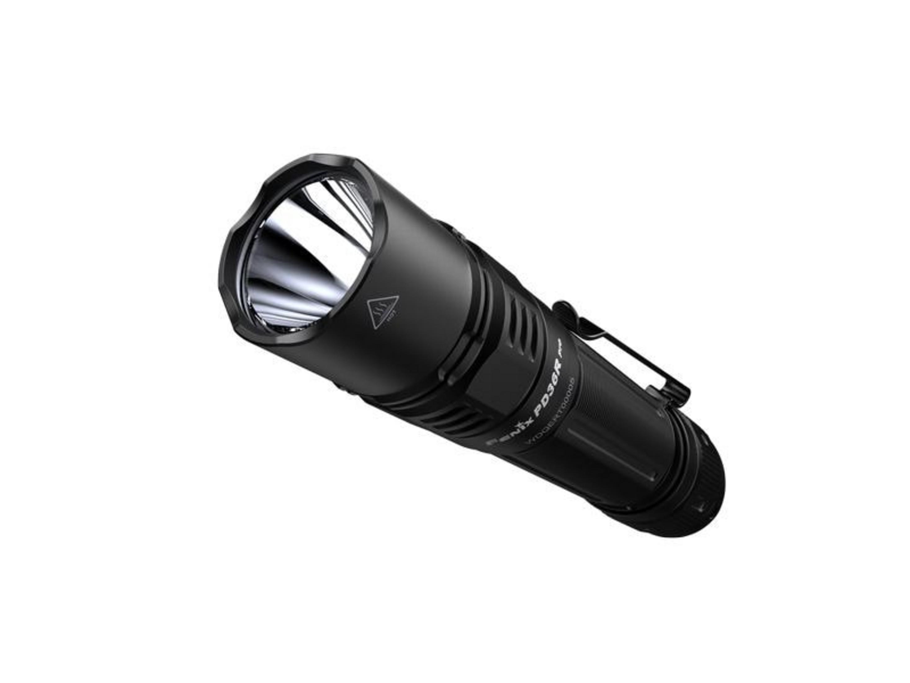 Lampe torche noire avec grip texturé et réflecteur argenté.