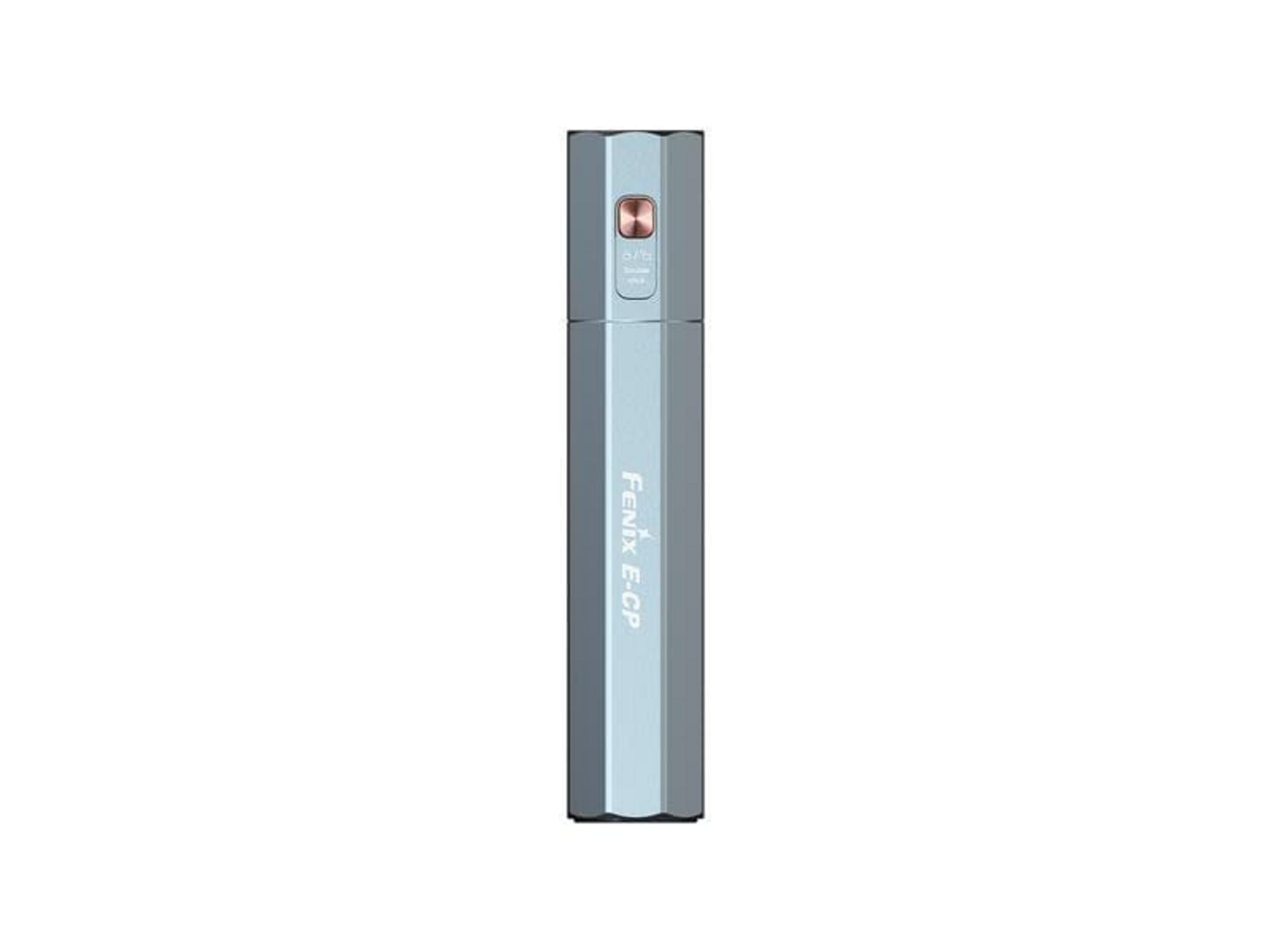 Un corps de lampe torche Fenix E-CP mince, hexagonal, bleu pâle avec un bouton argenté.