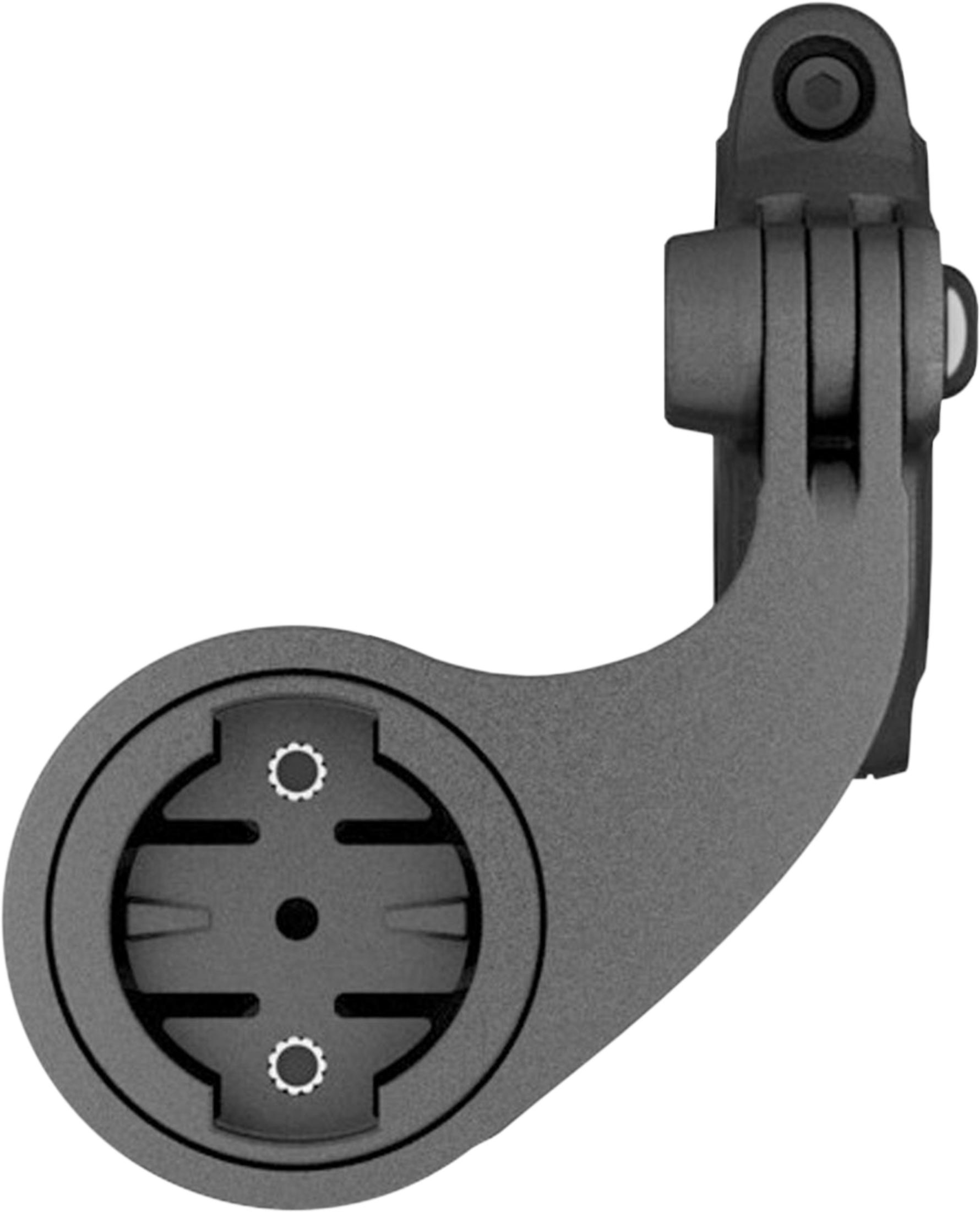 Ein schwarzer Fahrradcomputerhalter mit einem Gelenkarm.