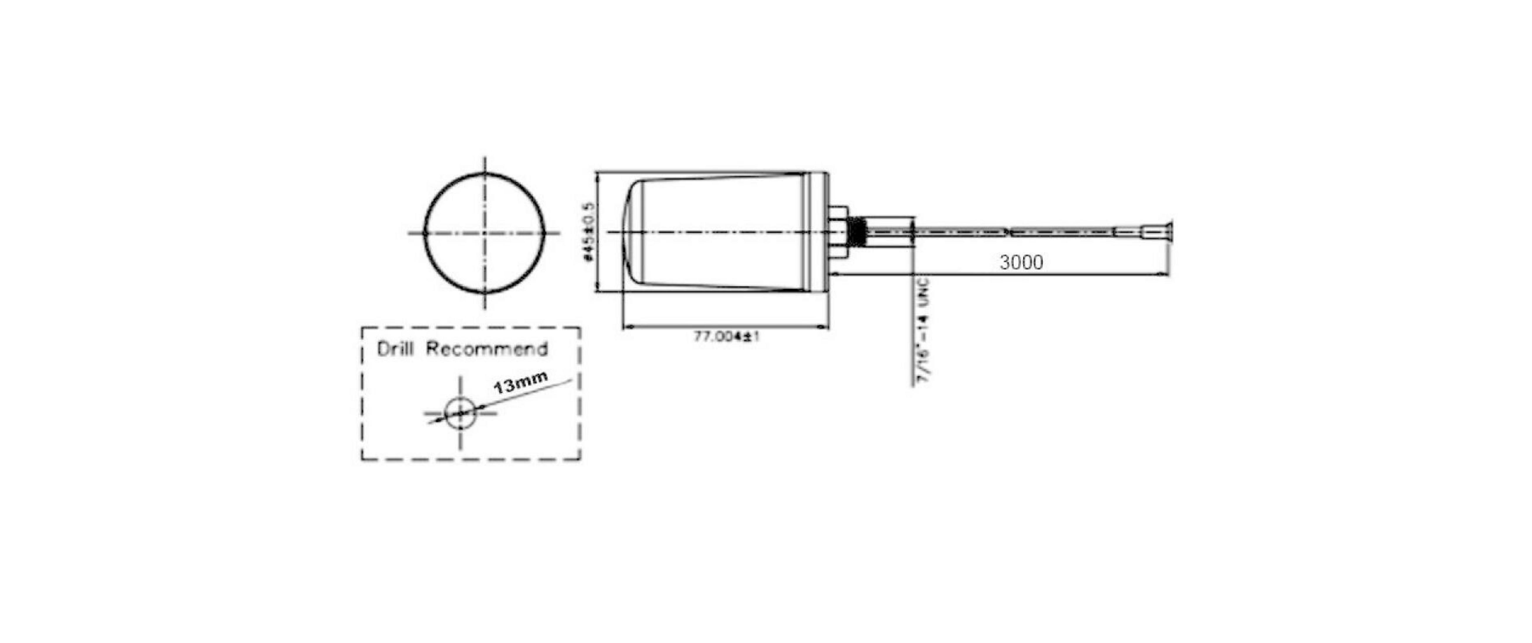Disegno tecnico di una parte con dimensioni, diametro 45mm, lunghezza 77mm, con filetto.