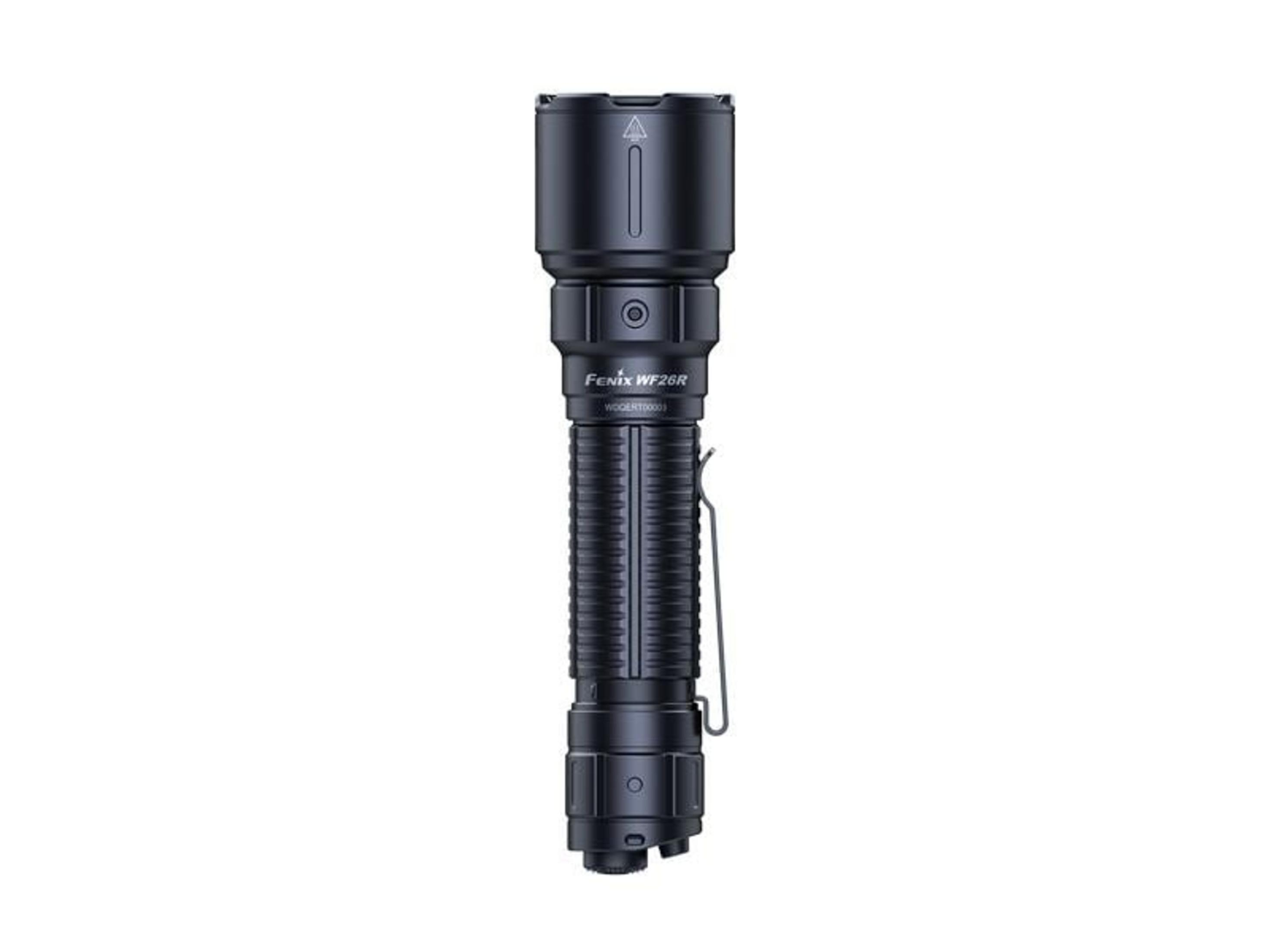 Una torcia Fenix WF26R scura con impugnatura testurizzata e clip.