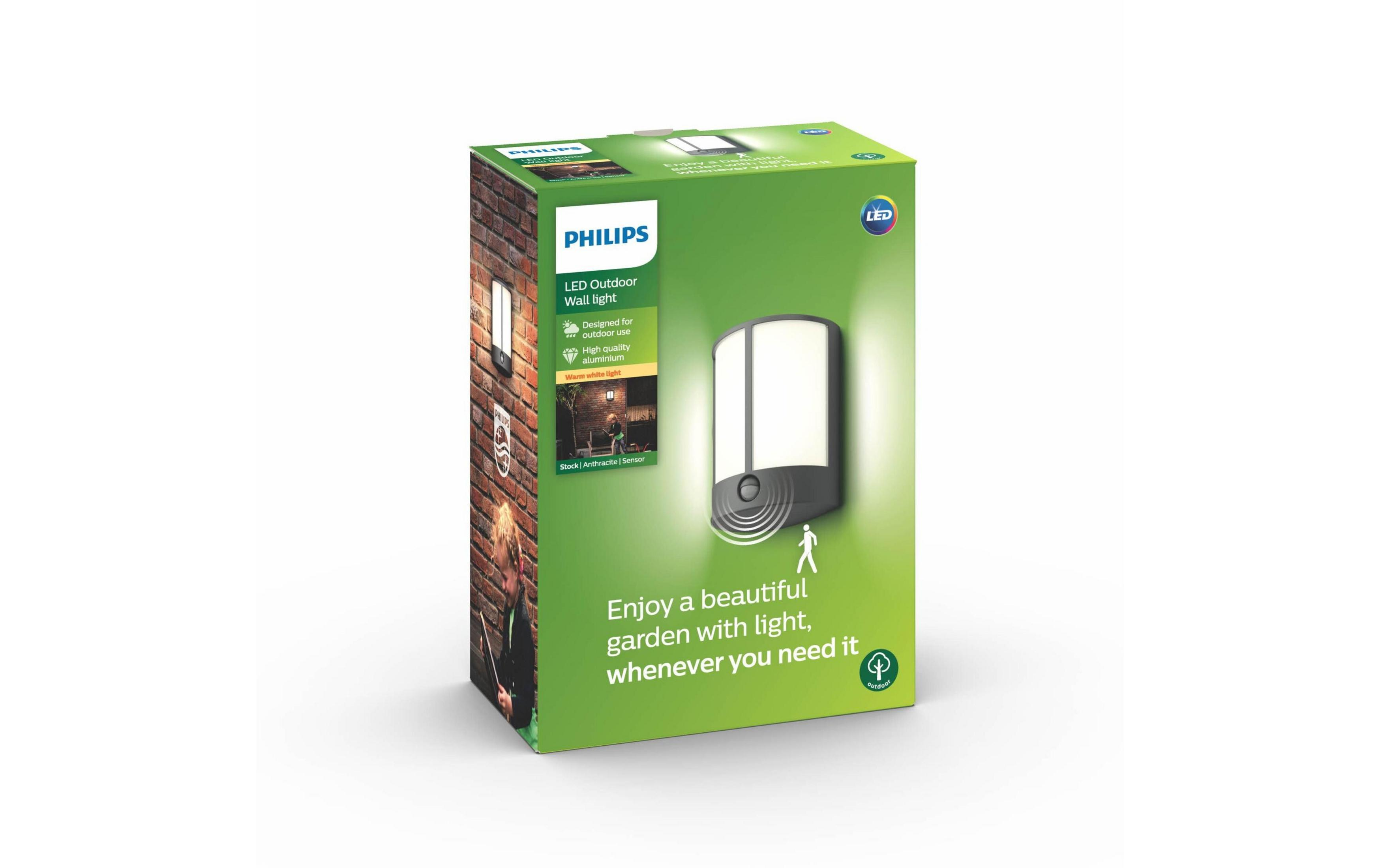 Philips LED Außenwandleuchte mit Bewegungsmelder auf grüner Verpackung.