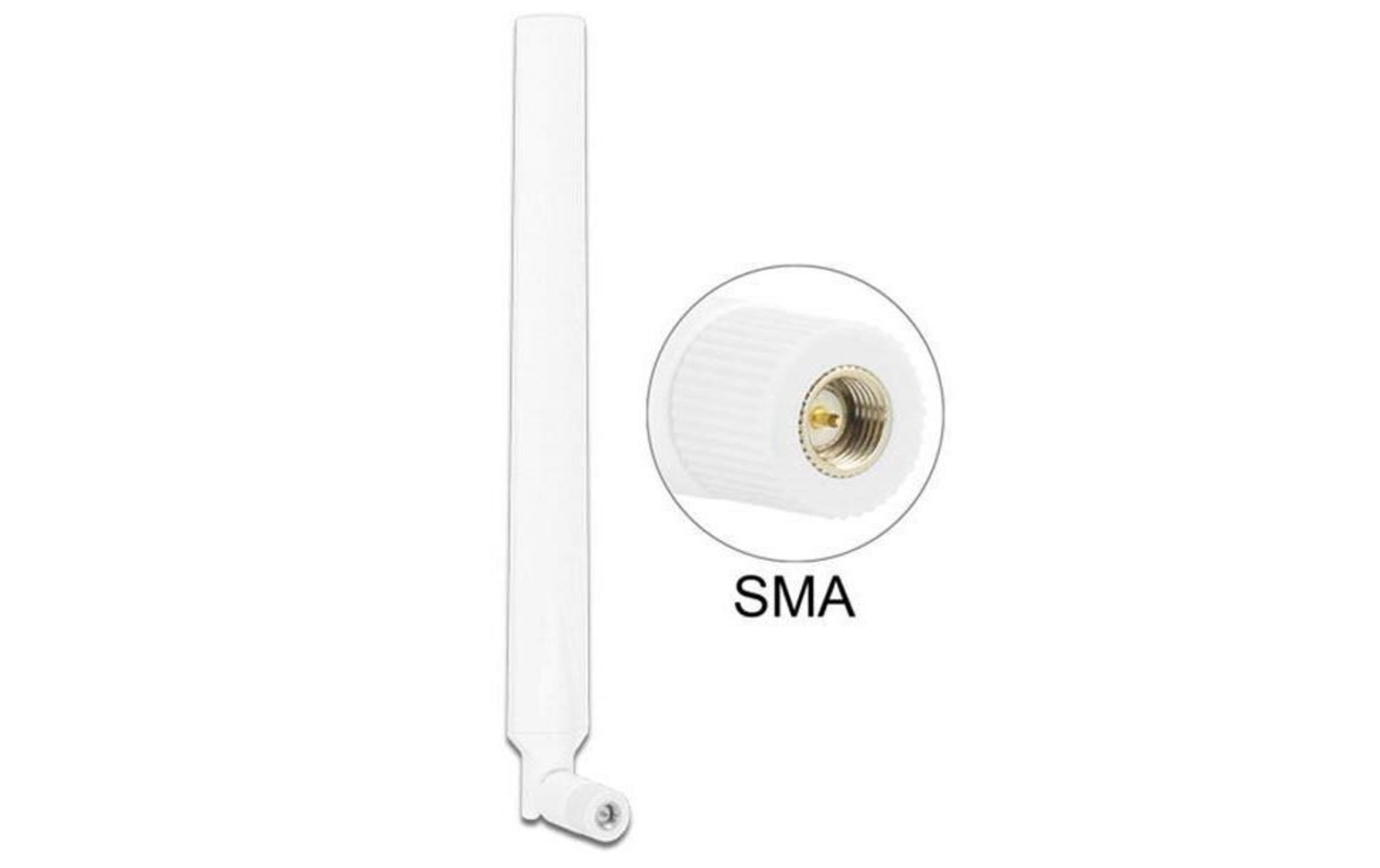Un'antenna bianca con connettore SMA, primo piano del connettore.