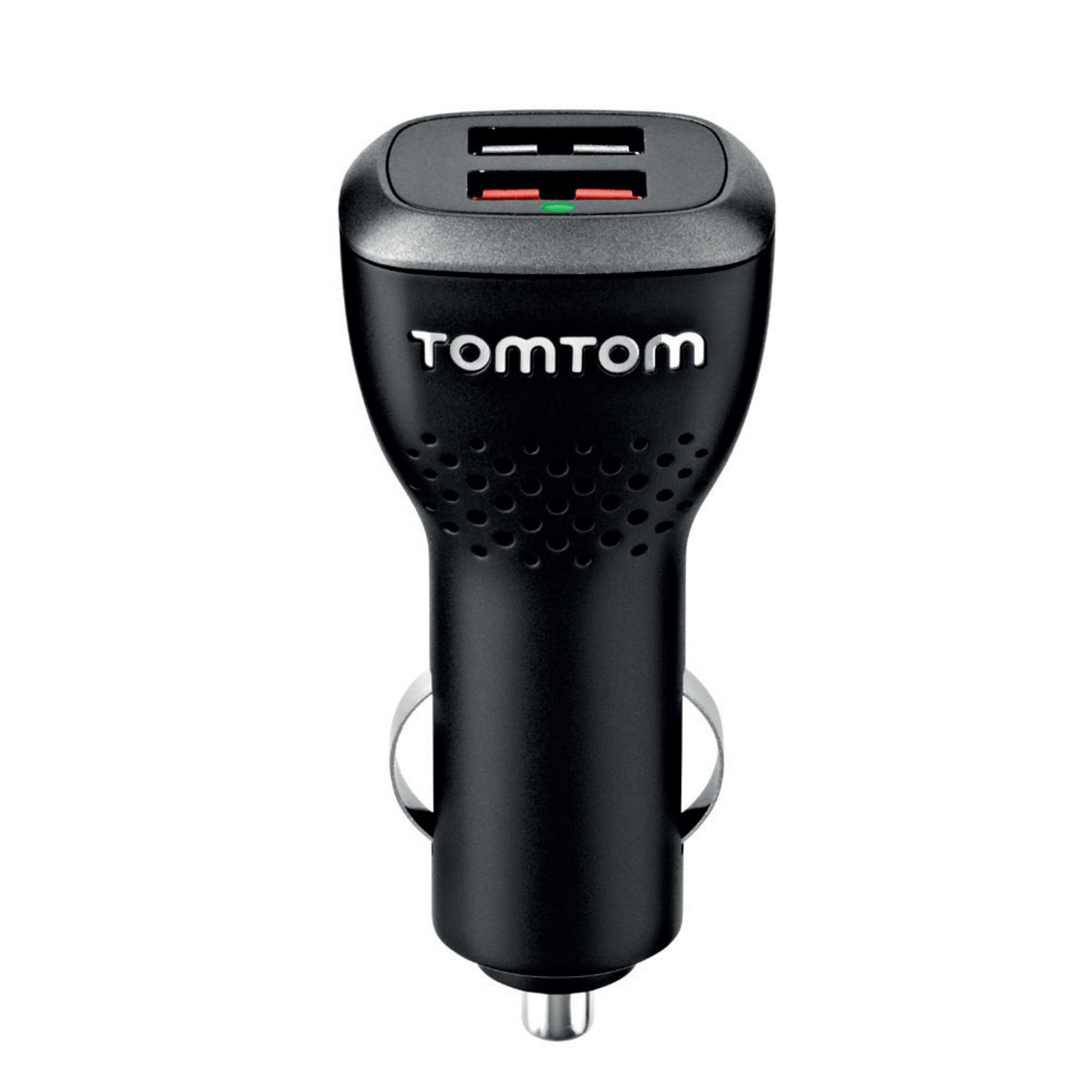 Adattatore caricabatterie auto TomTom nero con due porte USB e indicatore.